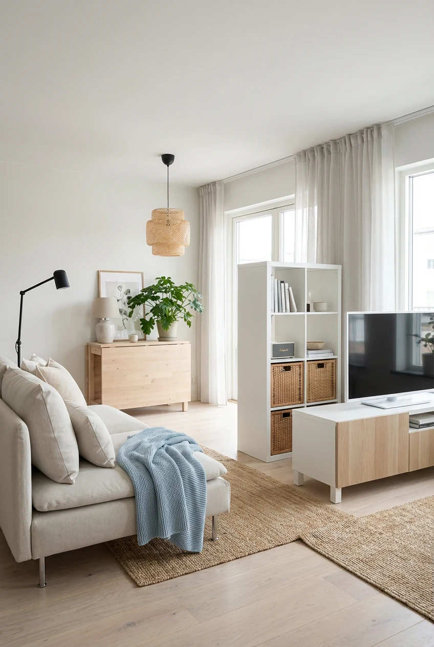 1. Wide corner-angle shot of an airy Scandinavian small living/dining combo: bleached wood and soft white walls, a SÖDER