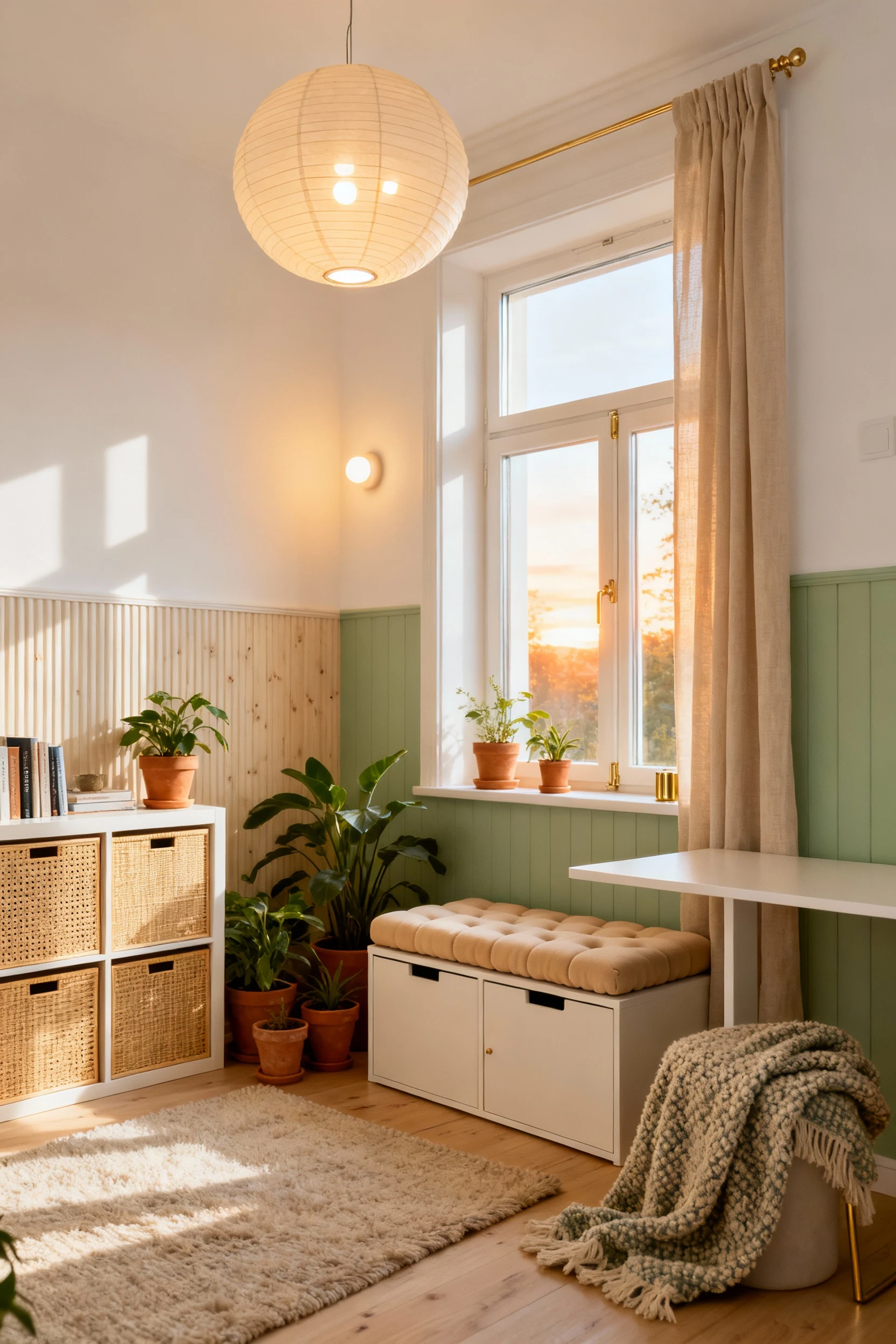 Wide, corner-angle room shot of a Scandi sunshine nook: warm white walls, buttery beiges, and hints of sage with pale pi