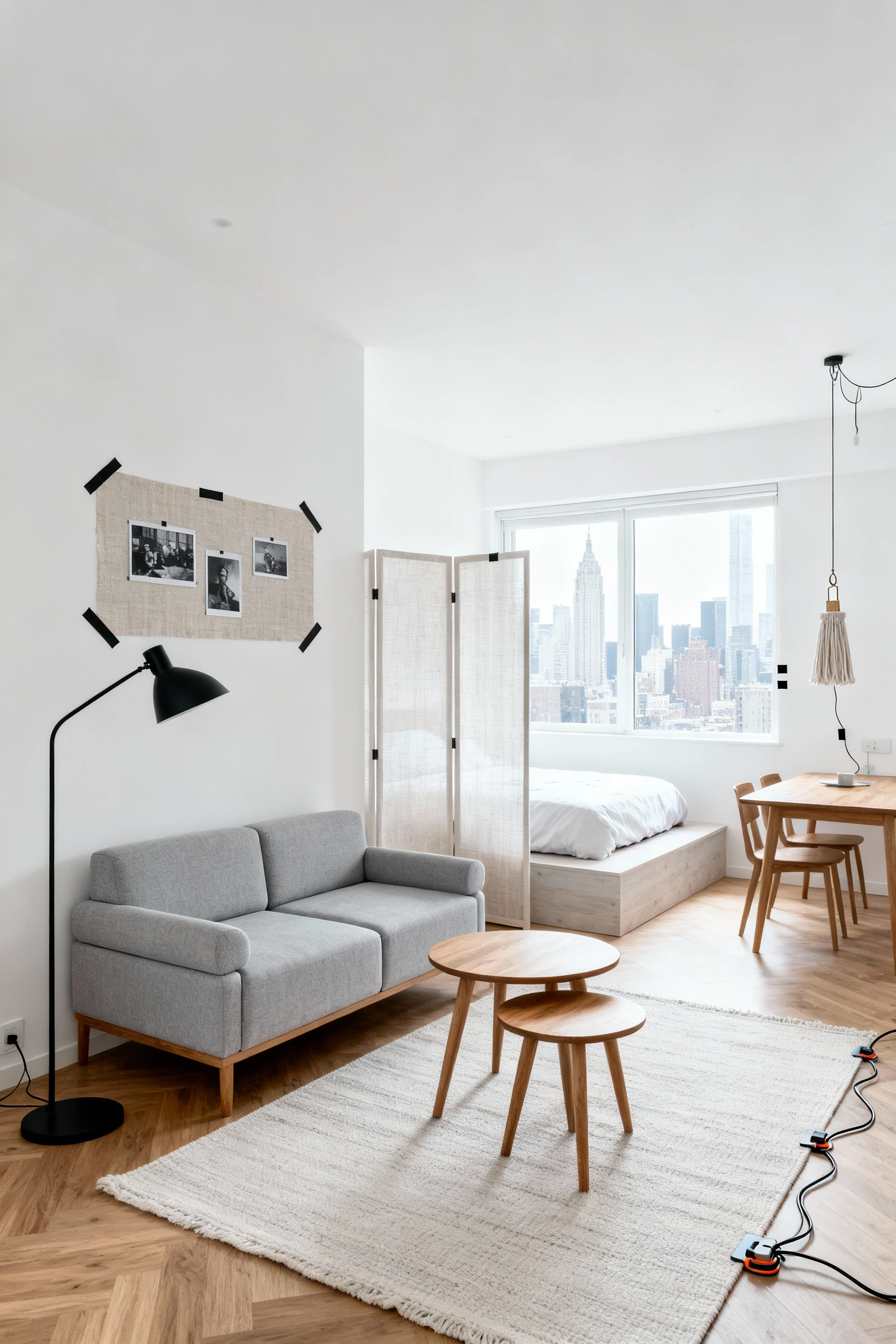 Wide corner shot of an airy minimalist skyline studio: chalk white, pale gray, warm ash wood with matte black accents; l