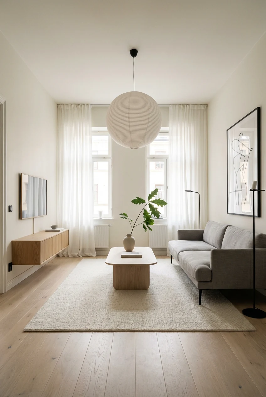 1. Wide, straight-on photorealistic room shot of a Sunlit Scandi minimalist apartment living room in warm white, pebble 