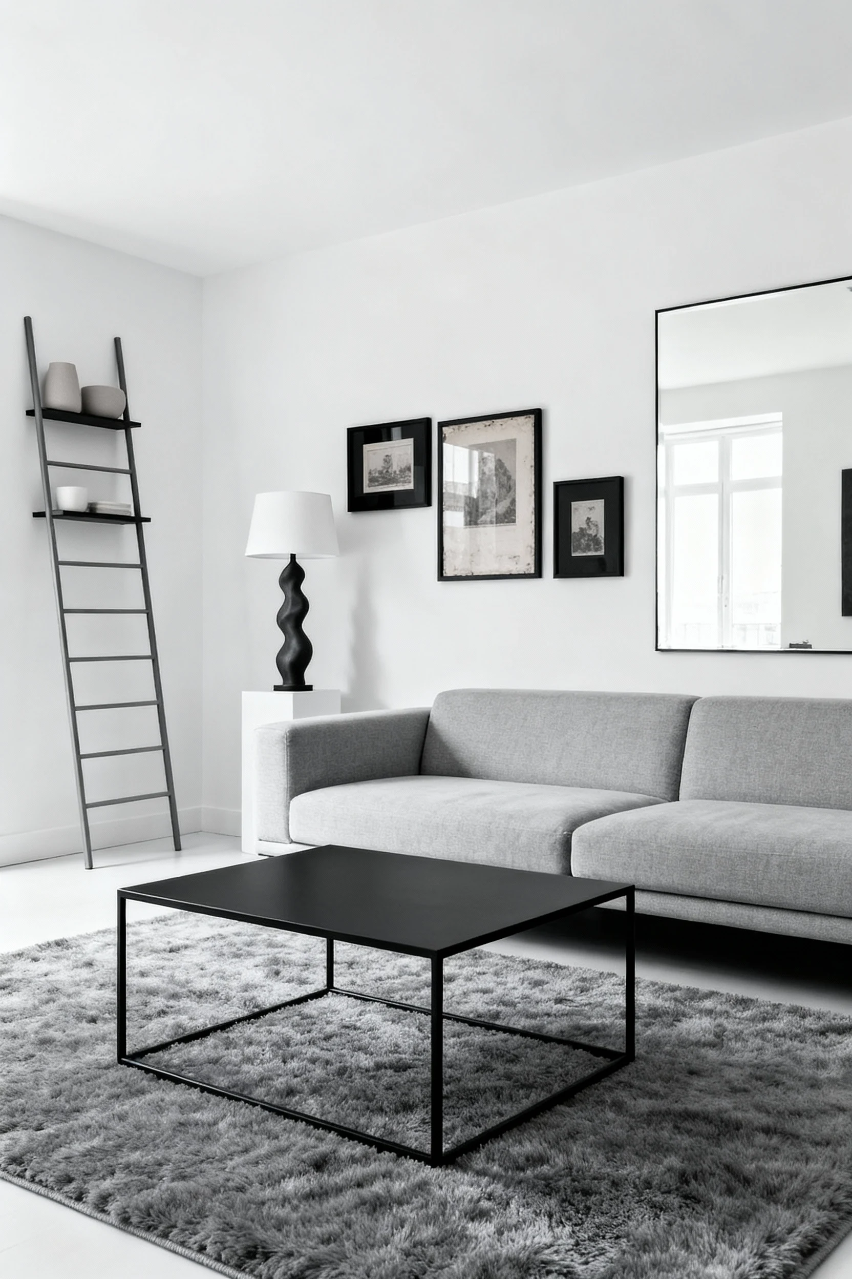 1. Wide, straight-on shot of a modern minimalist living room in black, white, and soft gray: a low-profile light-gray so