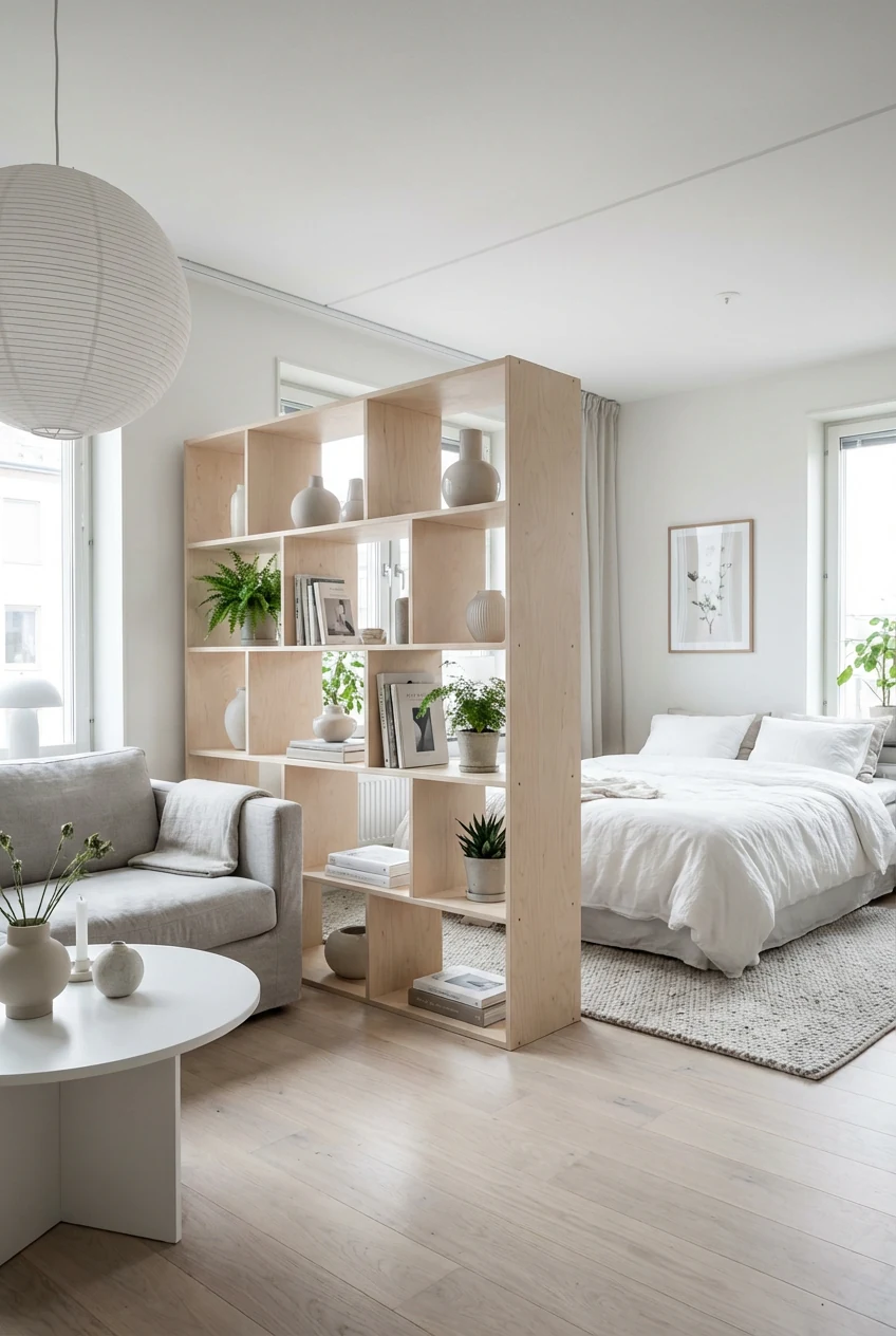 1. Wide corner-angle, photorealistic Scandinavian studio: a freestanding birch open-shelf divider with staggered compart