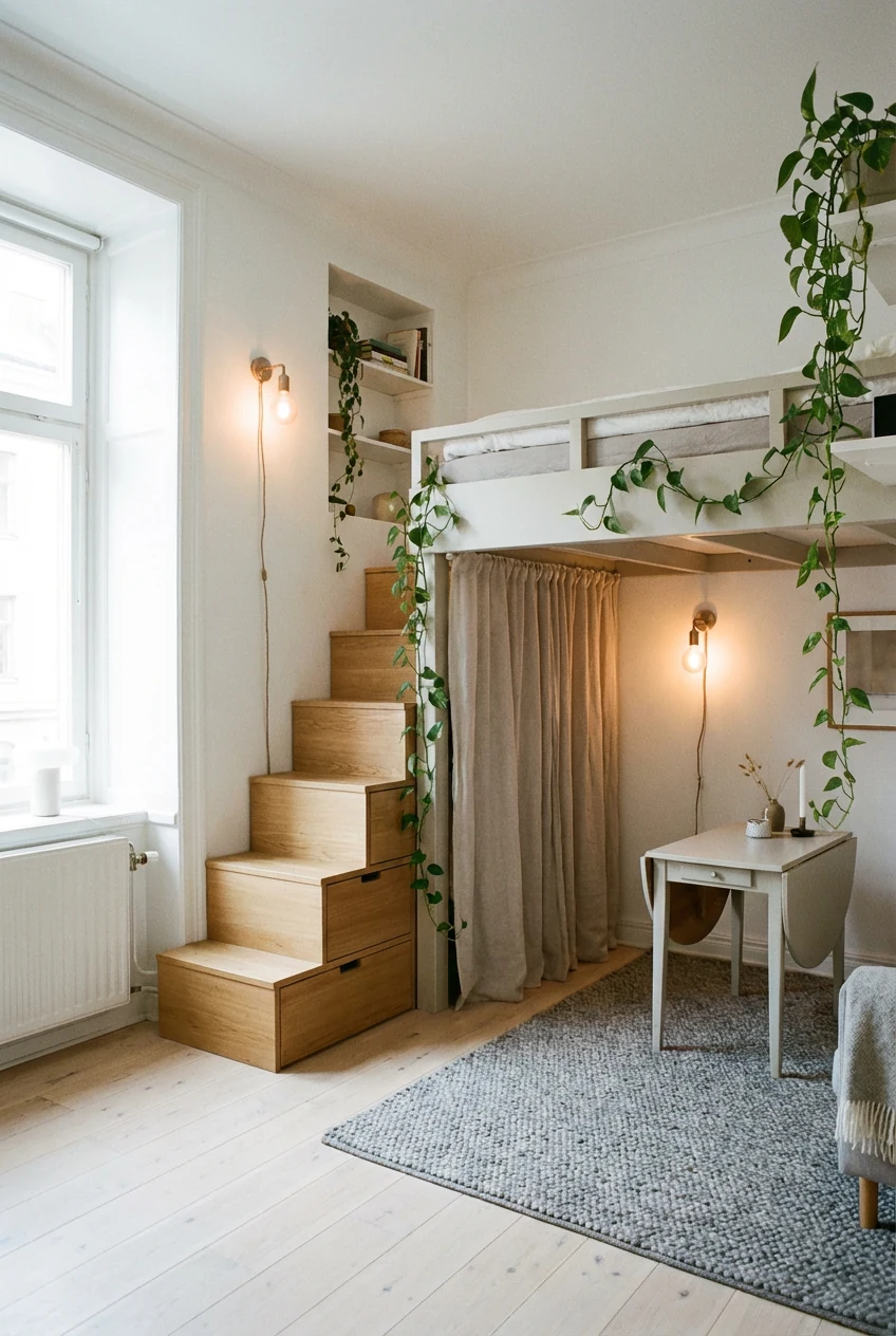 1. Wide corner-angle shot of a Scandi studio: bright white walls, pale oak floors, a lofted bed above an open living are