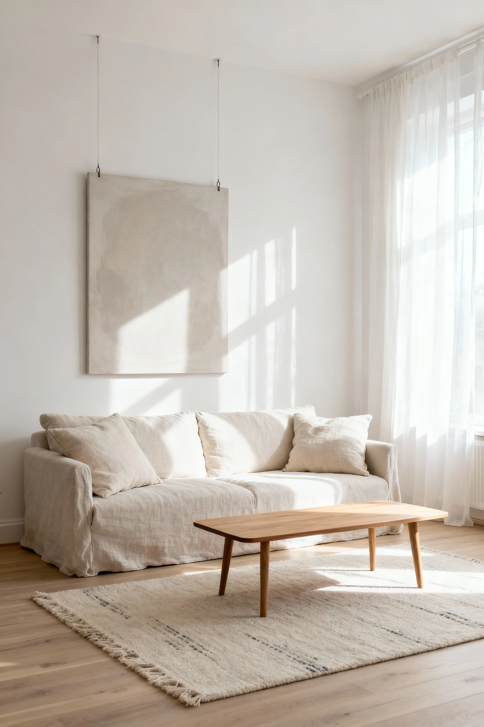 Photorealistic wide, straight-on living room in airy neutral minimalism: soft white walls, light wood tones, breezy line