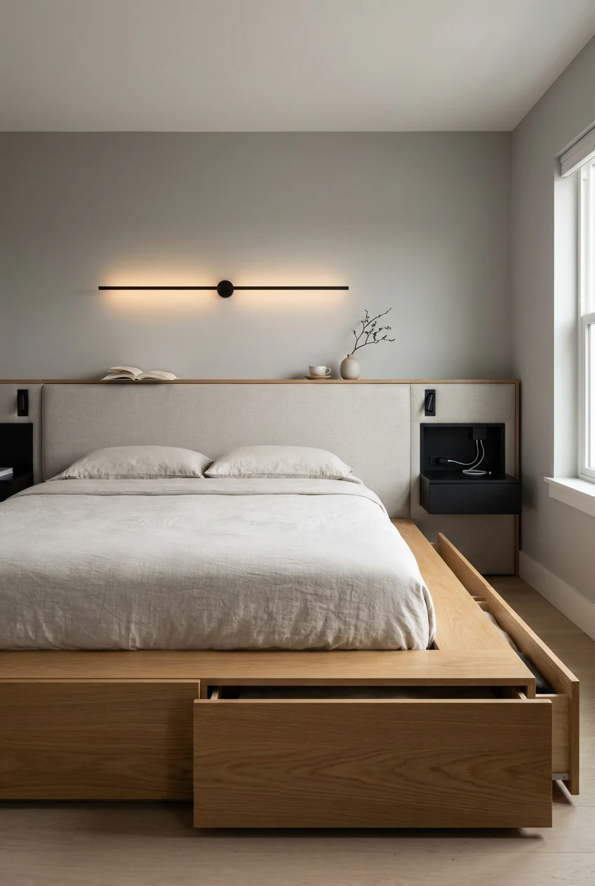 1. Wide, straight-on photorealistic shot of a calm Japandi bedroom: a low, wall-to-wall warm oak platform bed with deep 