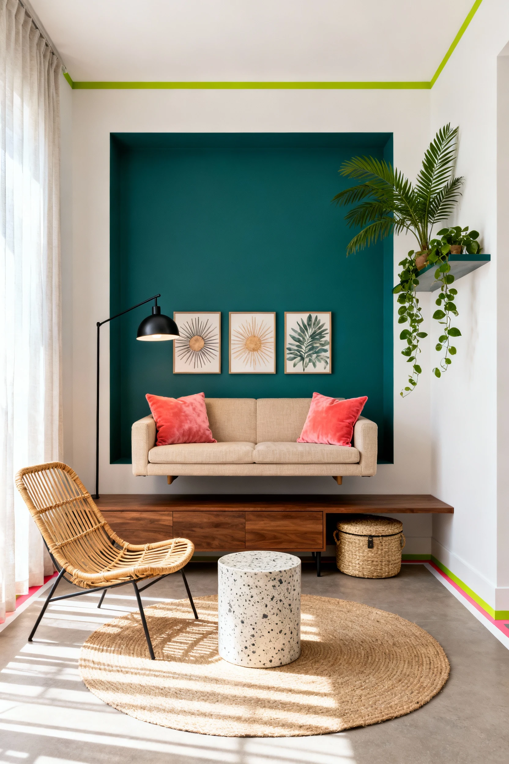 Photorealistic wide, straight-on shot of a tropical color-block modern apartment living room: deep teal rectangular feat