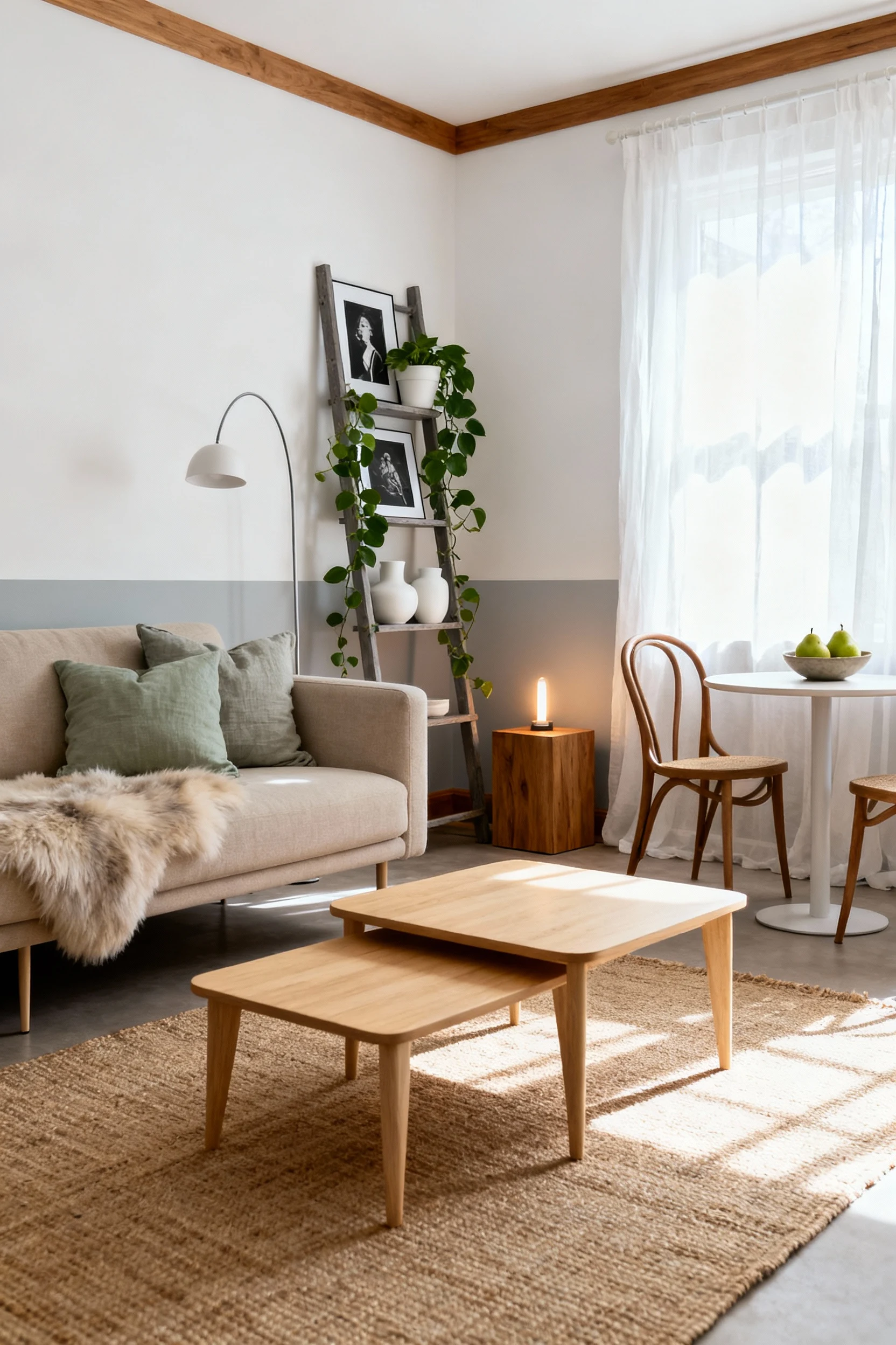 Wide, corner-angle photorealistic shot of a Sunlit Scandinavian living-dining nook: soft white walls with pale gray touc
