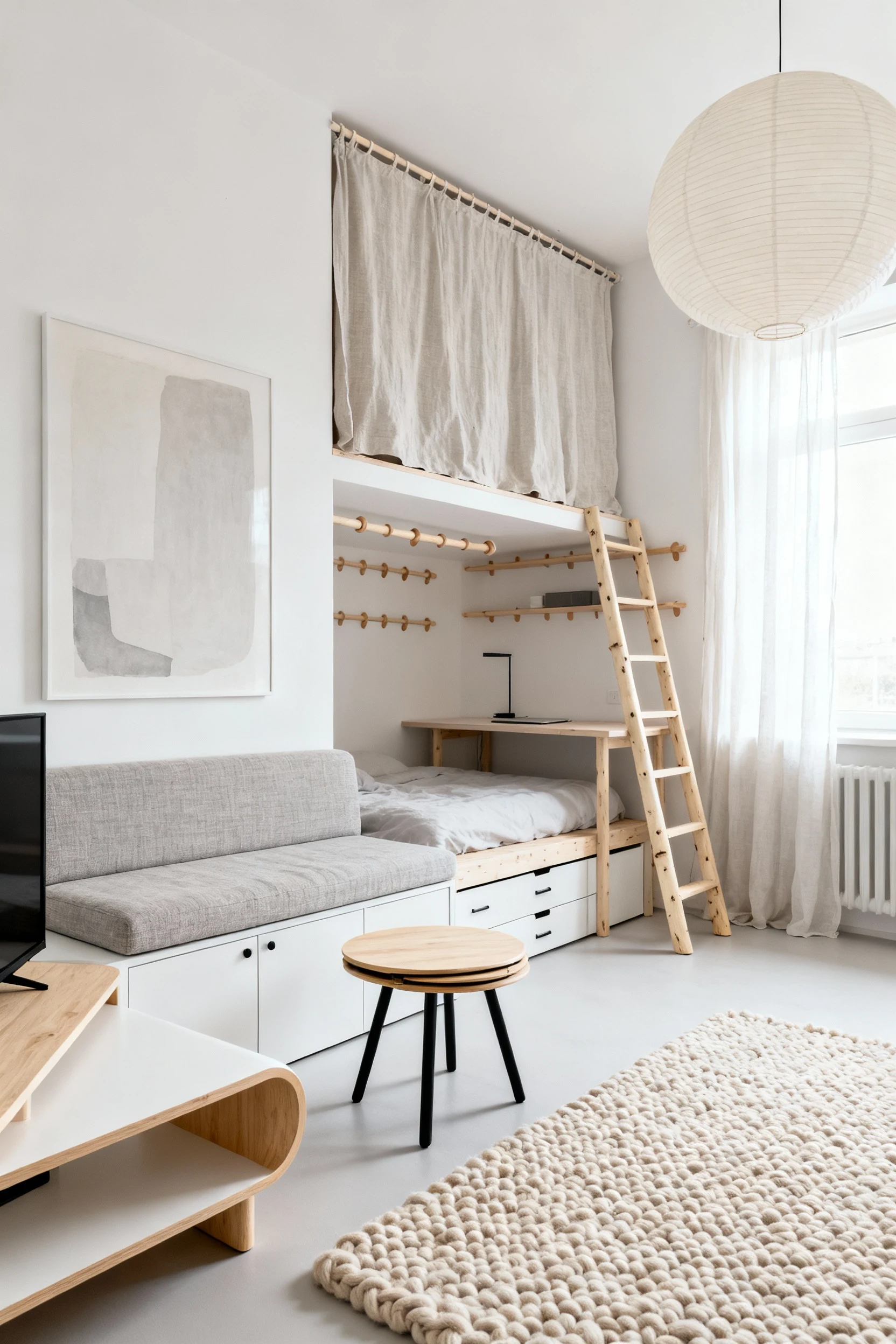Photorealistic wide corner shot of an airy Scandinavian studio in creamy whites, pale gray, and birch wood with matte bl