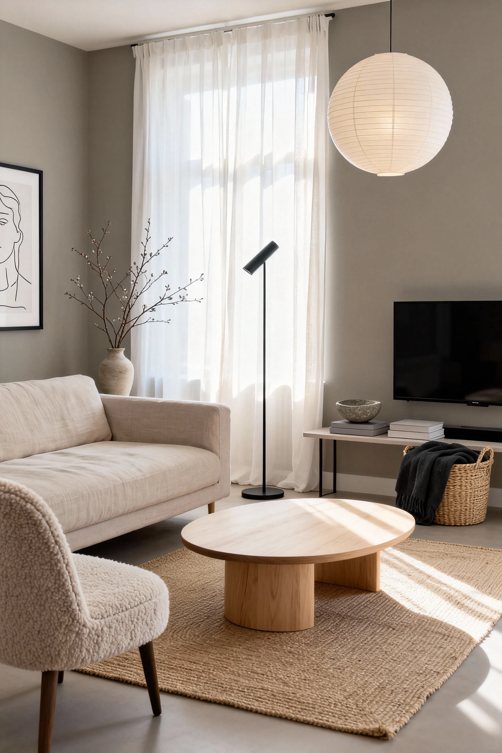 Wide, straight-on shot of a sunlit Scandinavian living room with greige walls; oatmeal low-profile linen sofa, bouclé ac