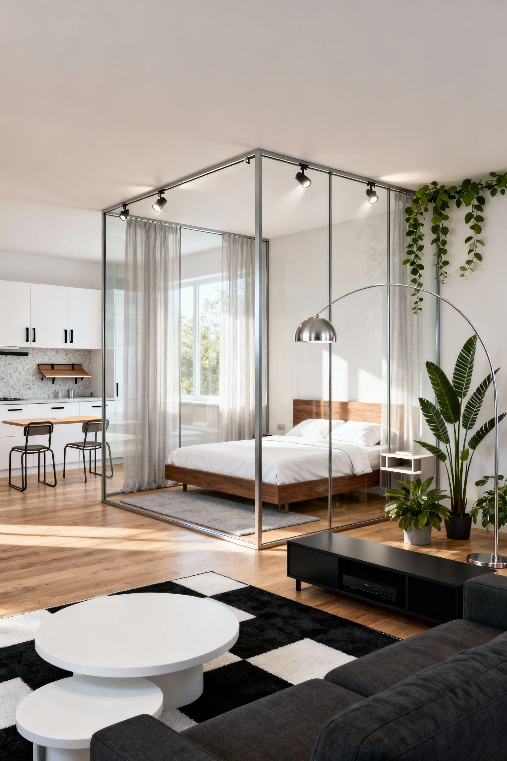 1. Photorealistic wide corner shot of a light-filled studio: a slim steel-framed glass partition forms a sunlit bedroom 