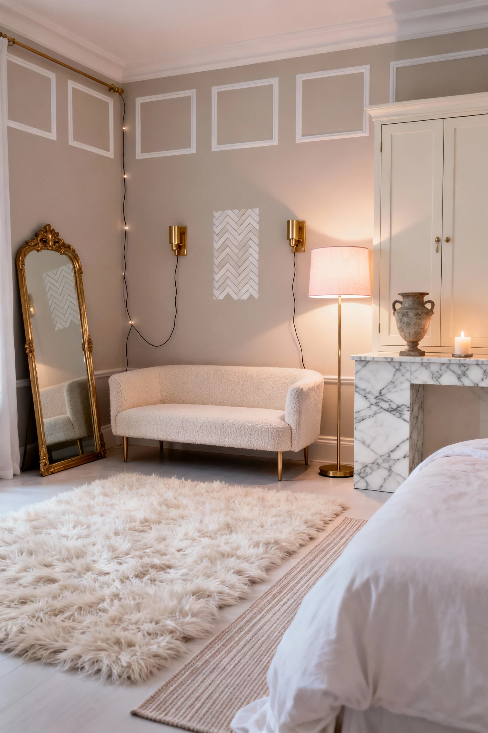 Photorealistic wide corner shot of a Parisian soft glam studio: greige walls with peel-and-stick molding rectangles and 