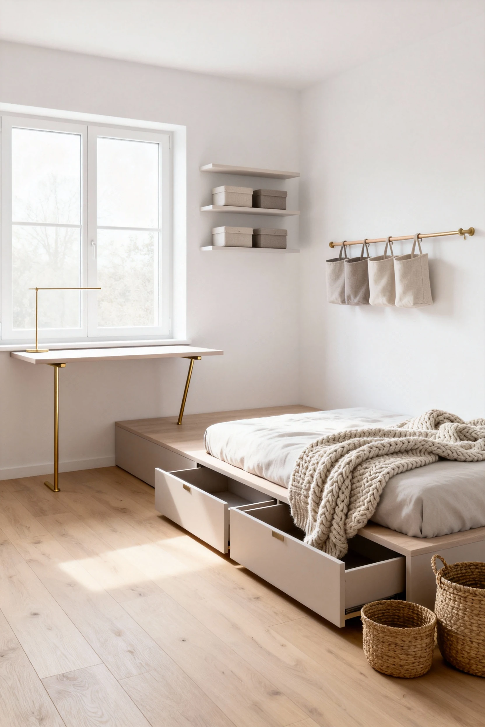Wide corner shot of a minimalist Scandinavian studio: pale oak floors, white walls, and soft natural daylight; a platfor