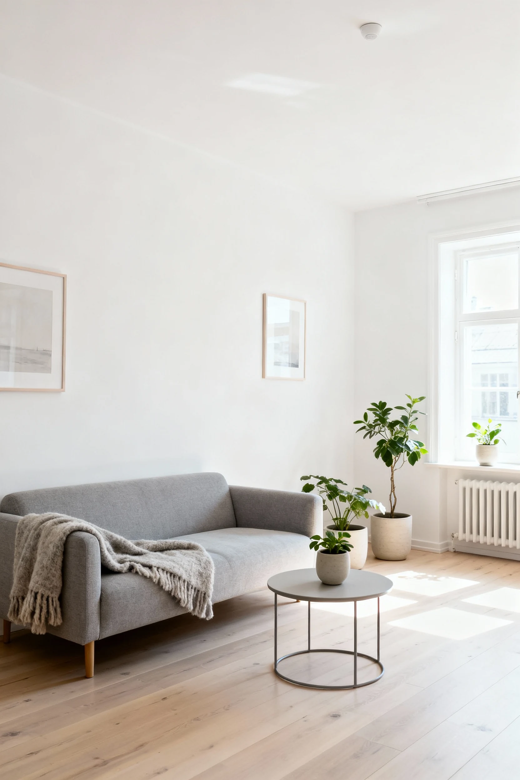 Wide-angle shot of a Scandinavian-inspired small apartment living room with white walls, pale wood floors, and a soft gr