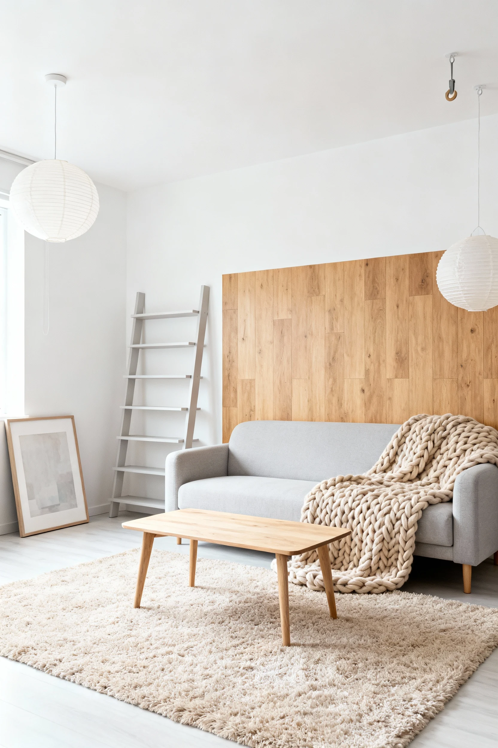 Wide-angle view of a Scandinavian-style living room with creamy white and pale gray walls, a light oak coffee table cent