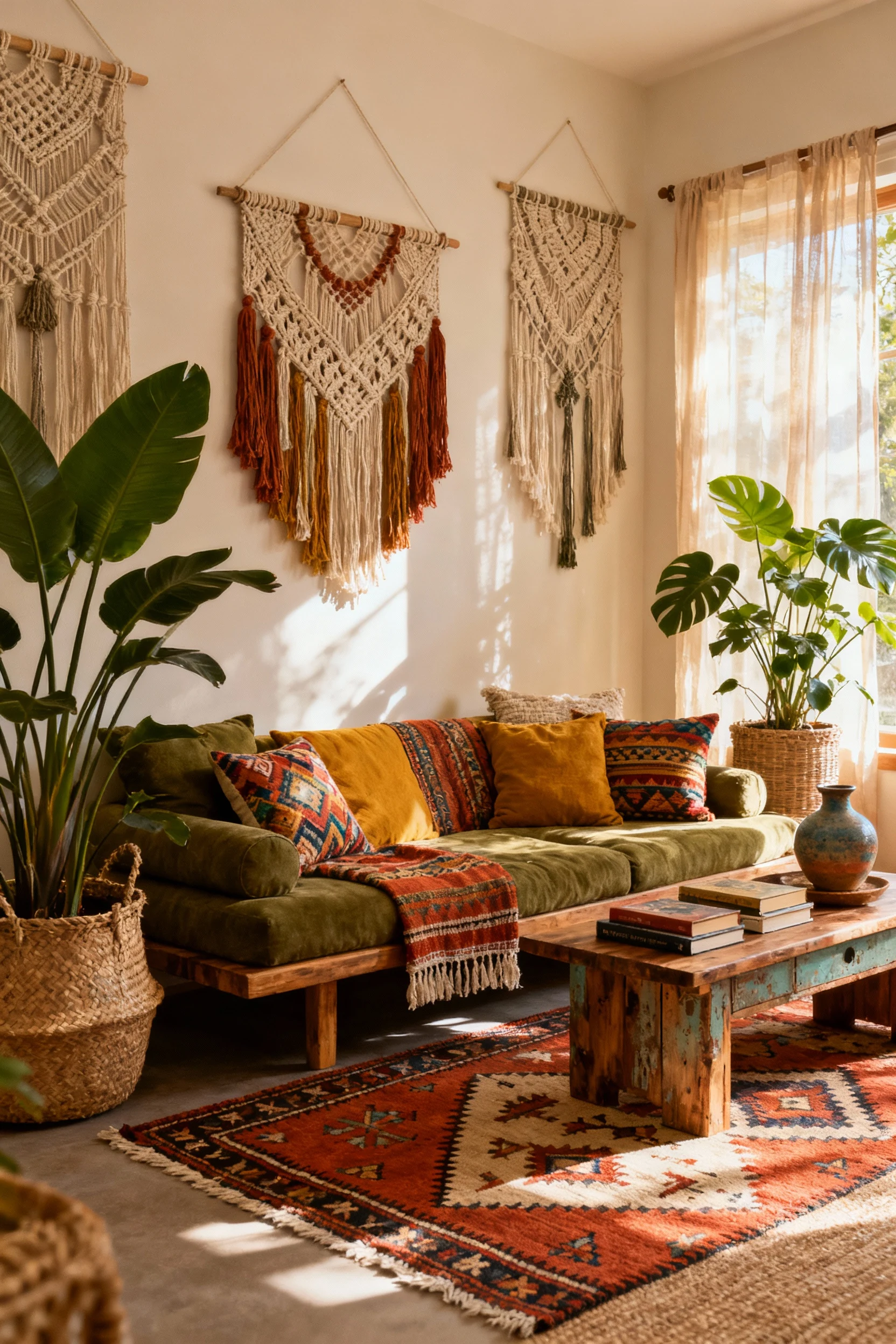 Wide-angle view of a cozy boho apartment living room with warm earthy tones, low-slung sofa, patterned kilim rug on the 