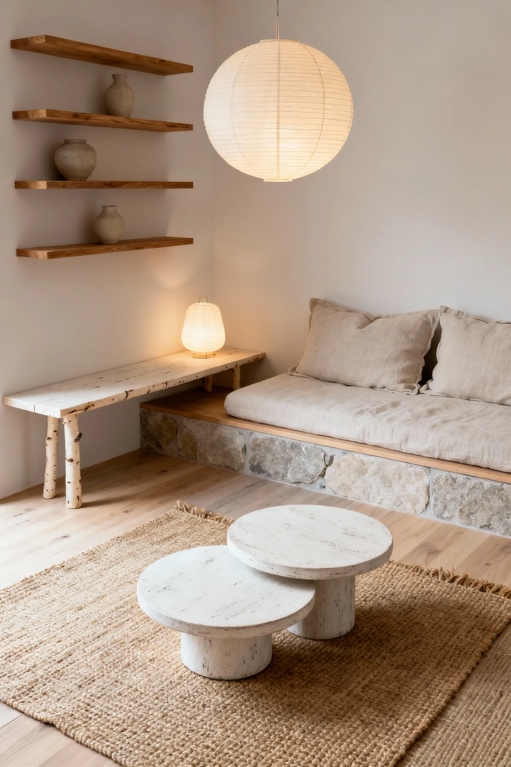 1. Wide corner-angle, photorealistic interior of a sunlit Japandi studio in soft linen, pale oak, and calm stone tones: 
