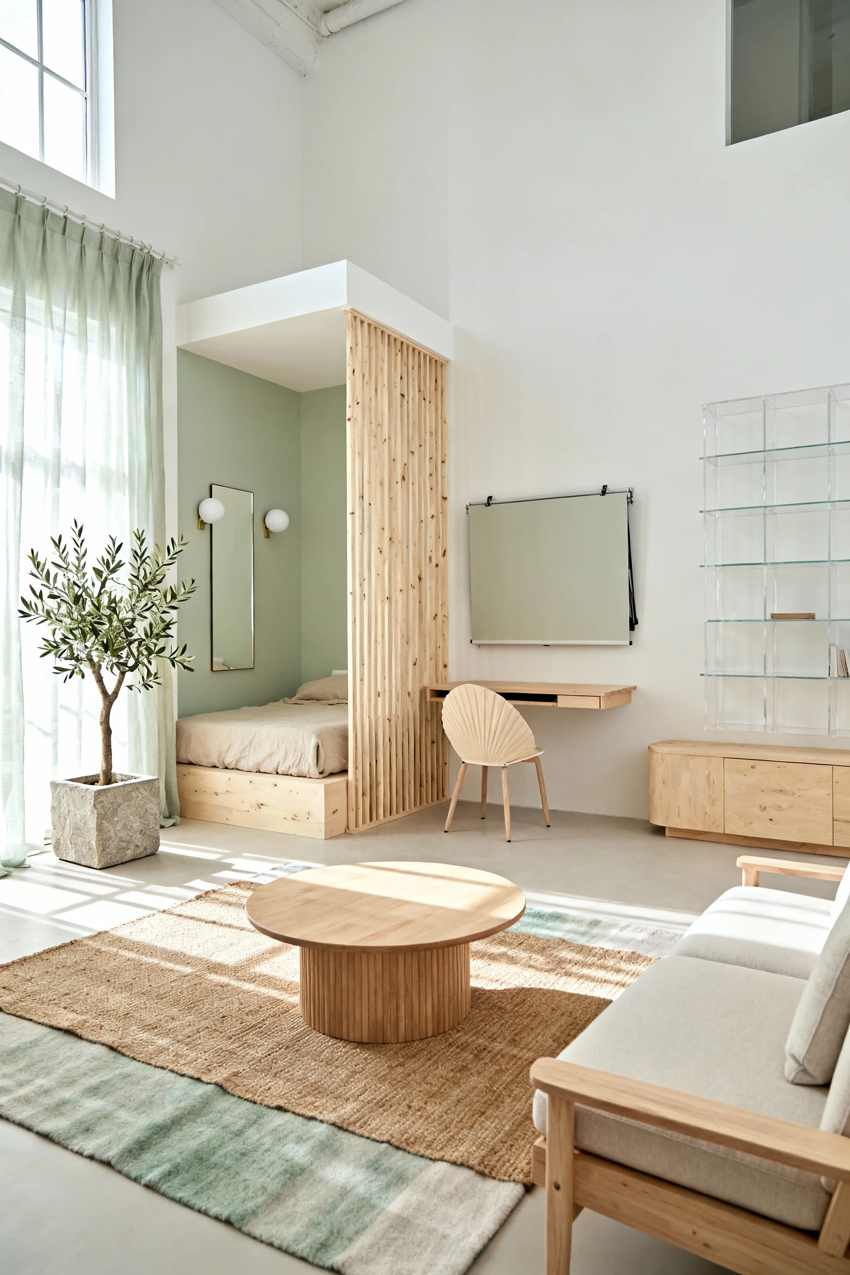 Photorealistic wide corner shot of a Scandi sunlight studio loft with cloud white walls, birch and pale ash woods, and s