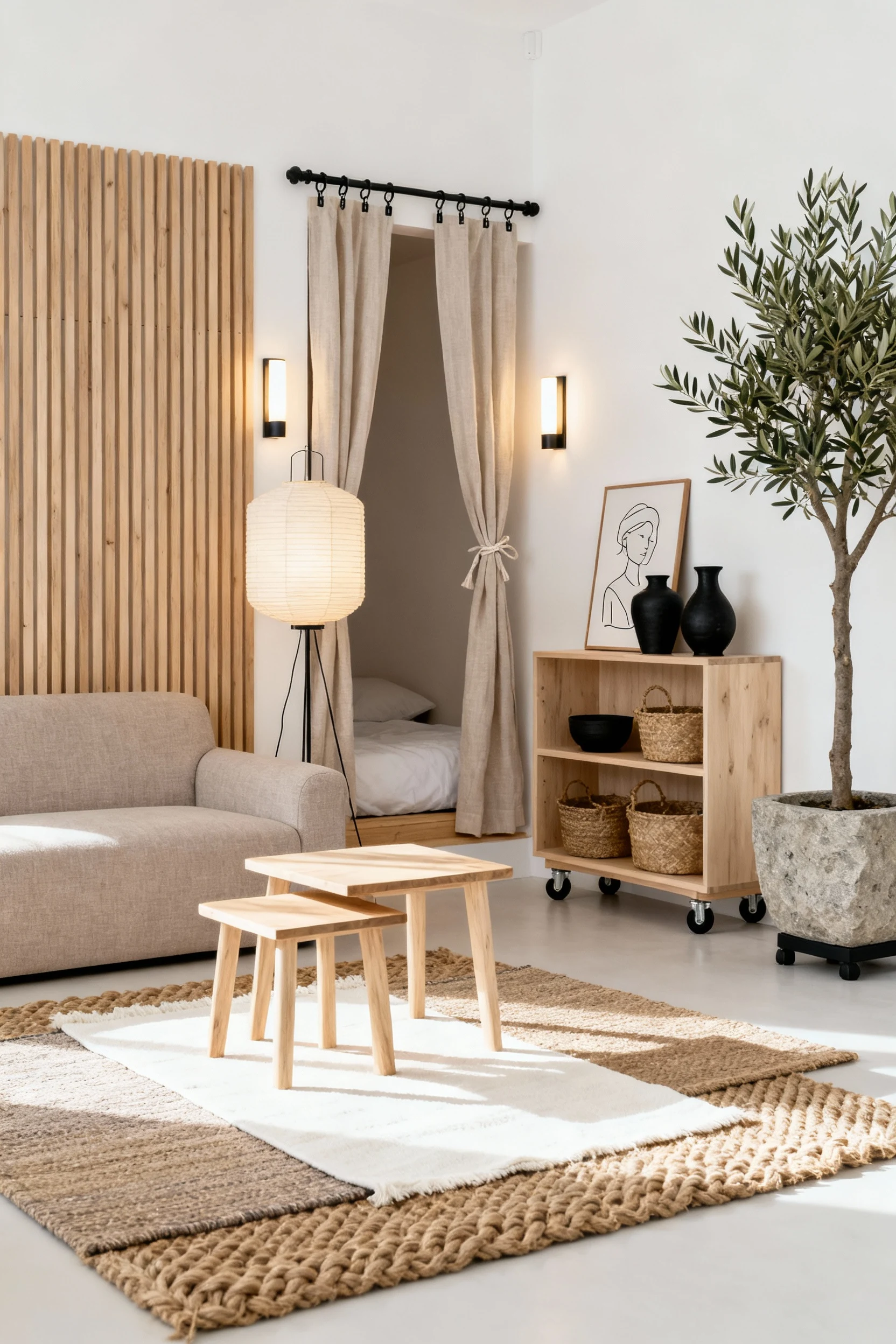 Wide, straight-on view of a sunlit Japandi studio: warm white walls with a vertical peel-and-stick wood slat feature beh