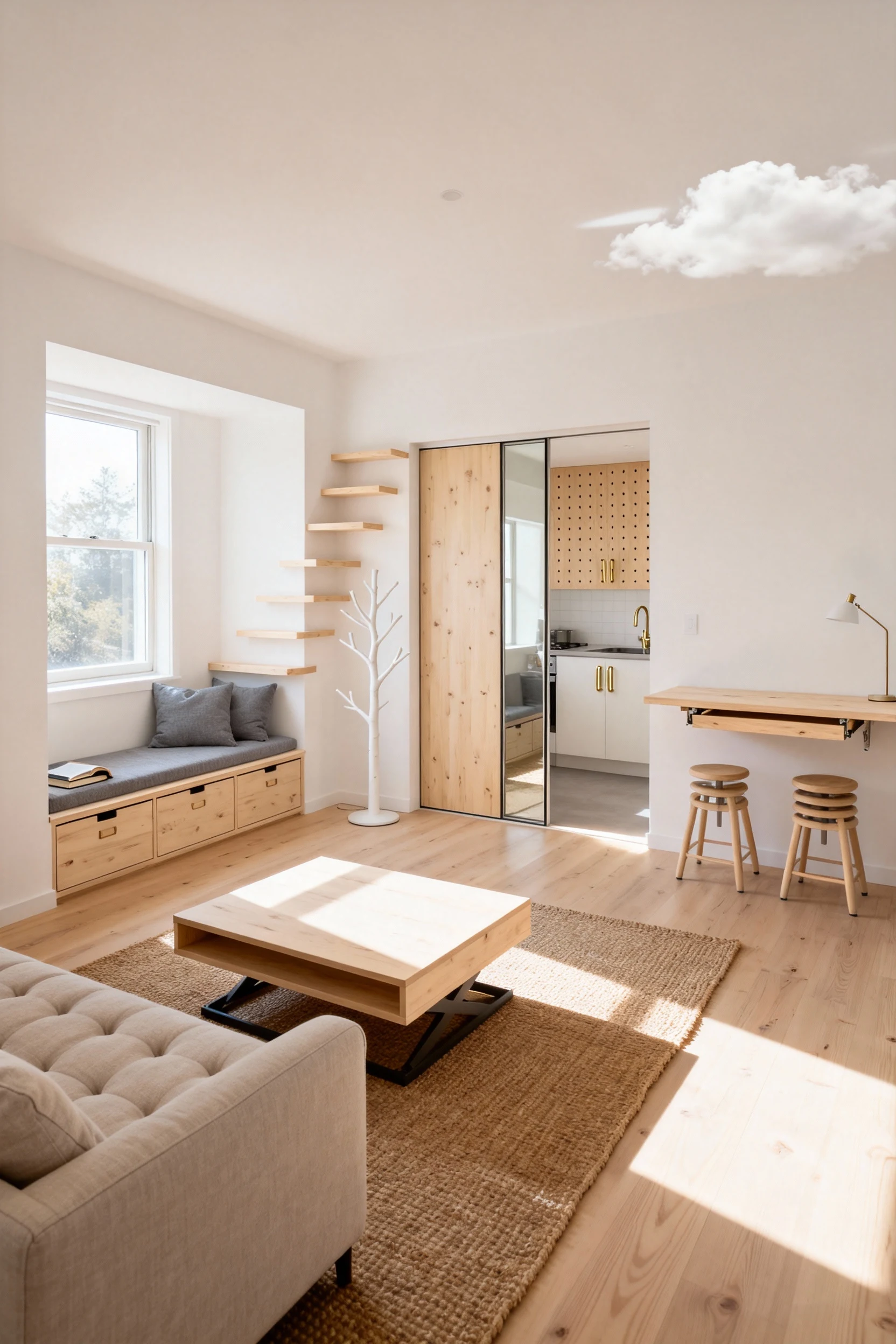 Photorealistic wide corner-angle shot of a sunlit Scandinavian studio nook: cloud-white walls, pale birch wood, and ston