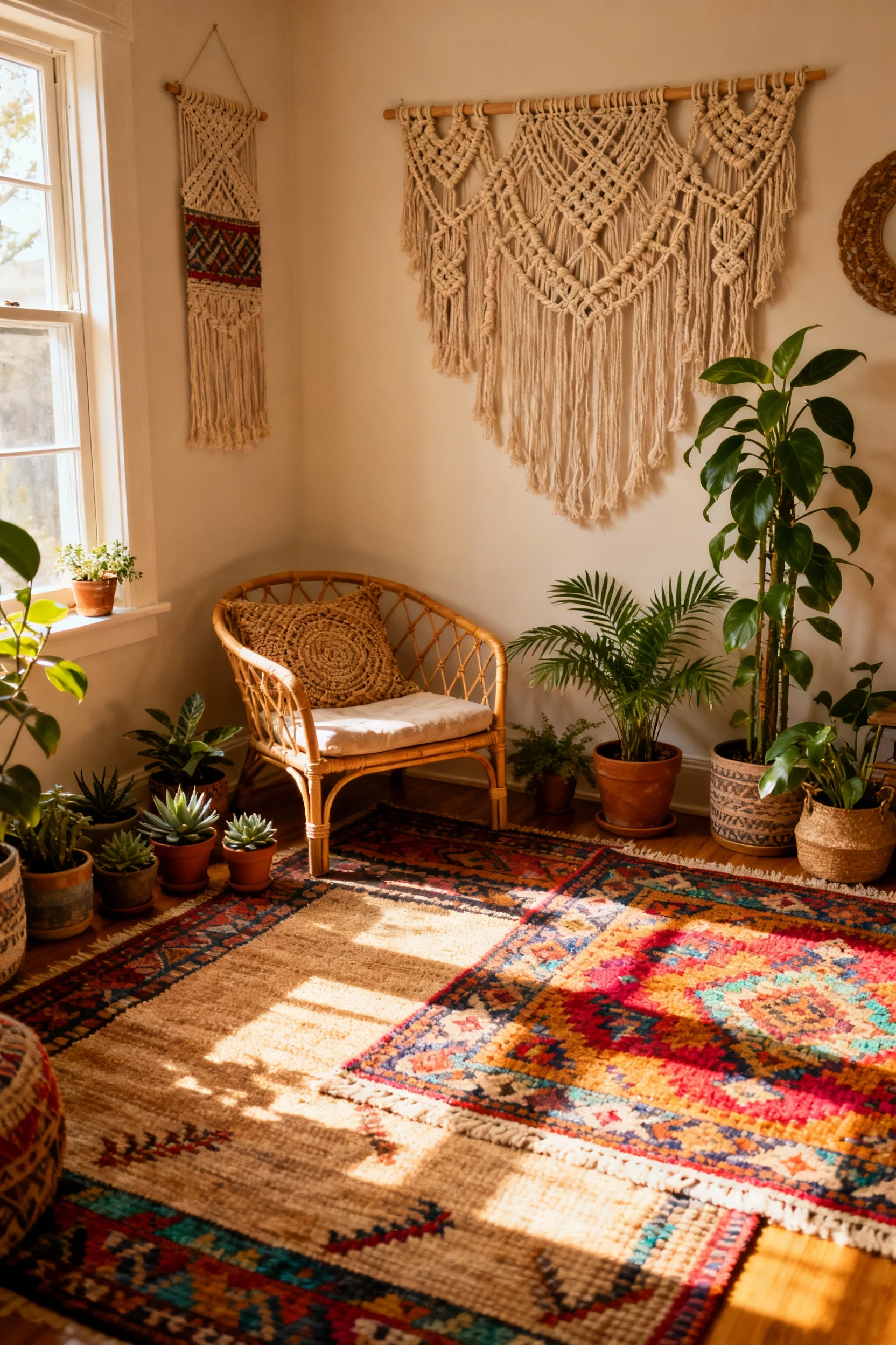 Wide-angle corner shot of a cozy bohemian studio nook, with layered colorful patterned rugs, a low rattan chair topped w