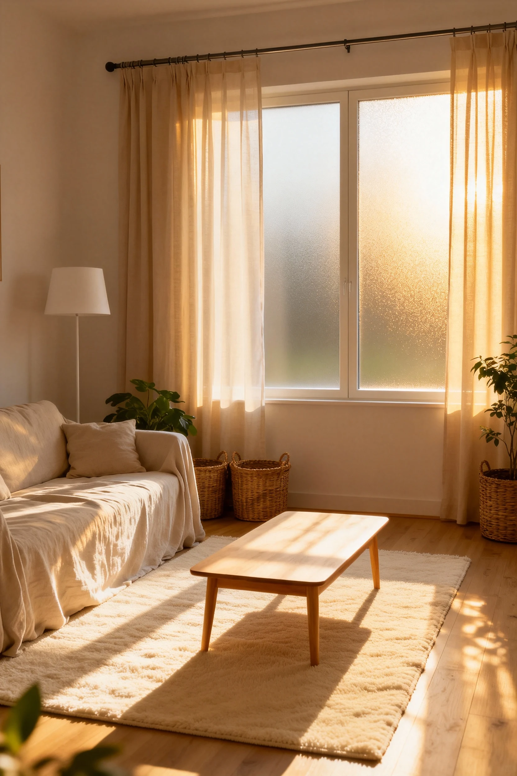 1. Wide corner shot, Soft Scandi Sunlight living room: blonde wood, soft neutrals, sun-washed textures; large cream rug,