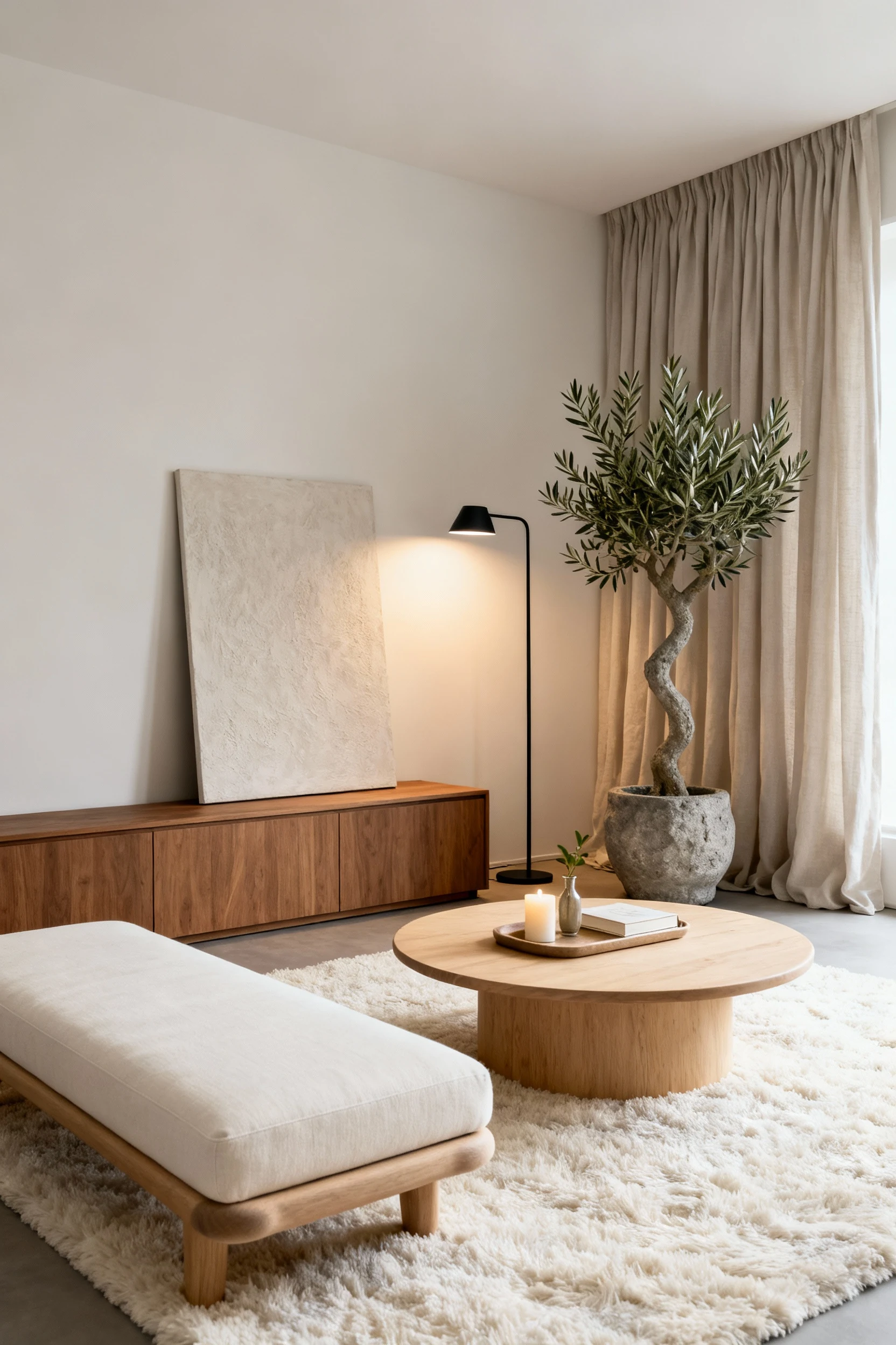 Photorealistic wide corner-angle shot of a cozy minimalist living room in oat, ivory, and warm gray: low-profile ivory p