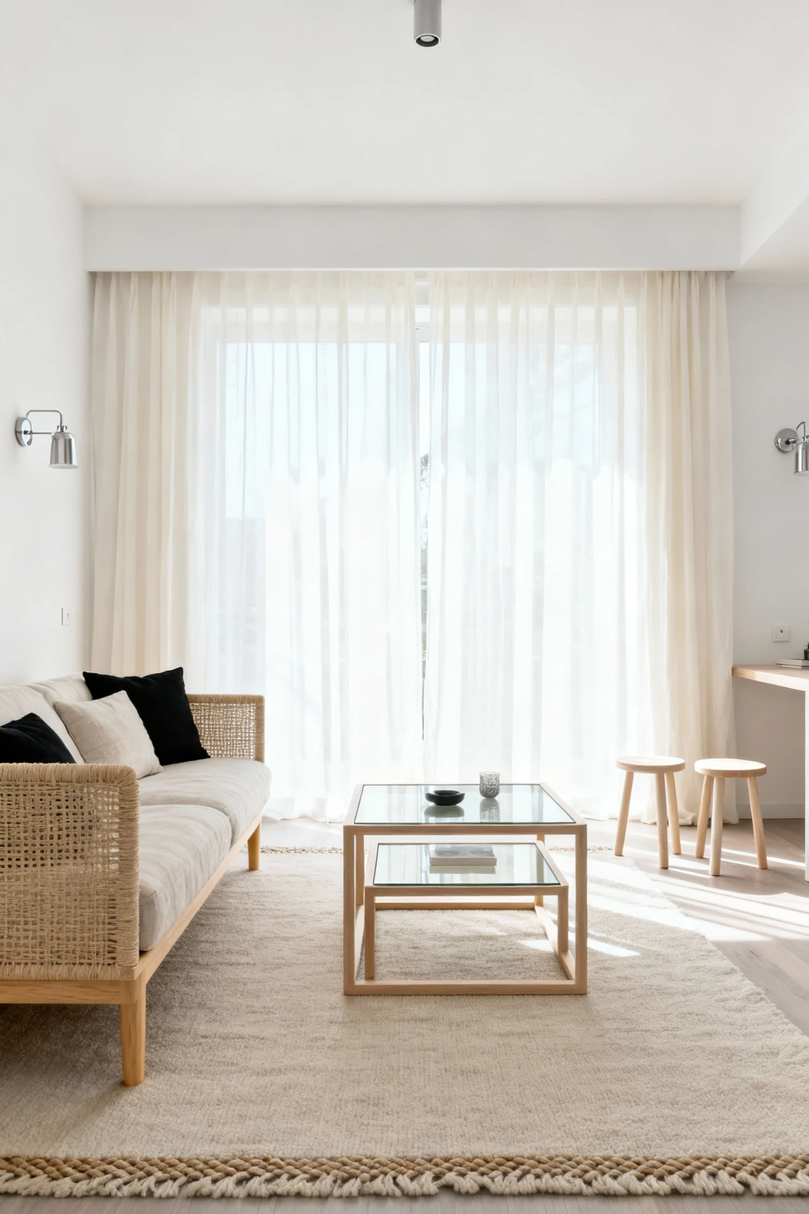 Photorealistic wide, straight-on living room shot: soft white walls, low-profile linen sofa on blonde oak legs, nesting 