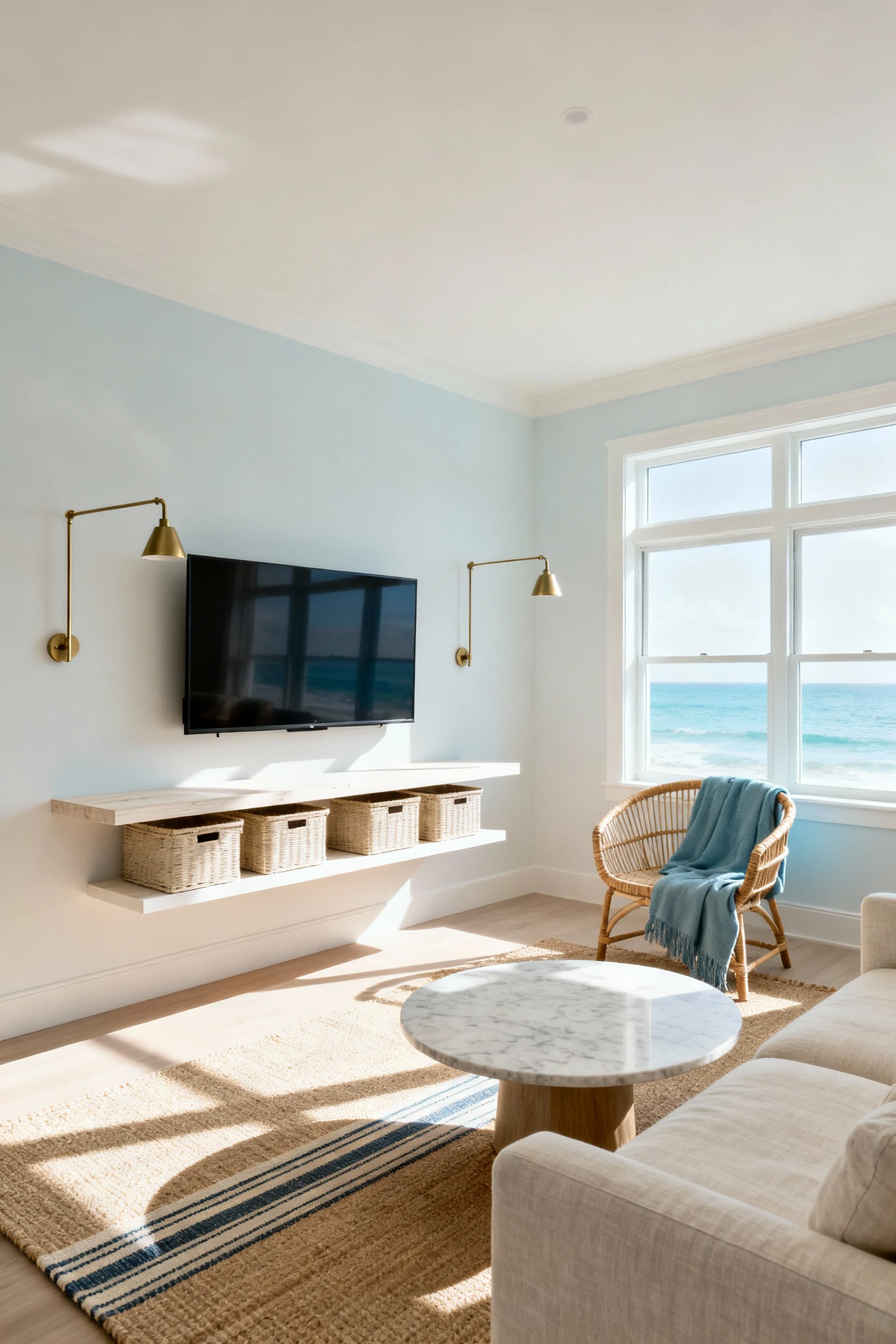1. Photorealistic wide room shot, corner-angle view: airy coastal minimal living room with a light oatmeal linen sofa fl