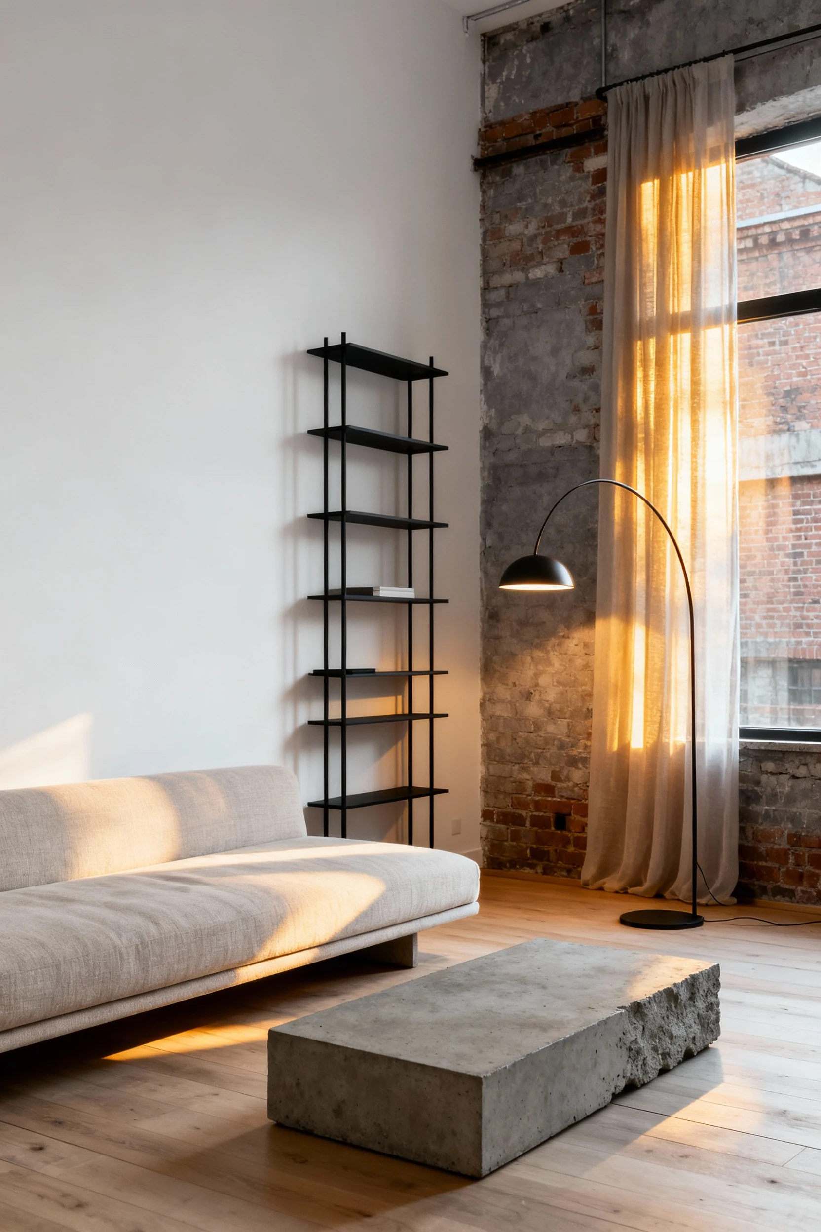 1. Wide corner-angle shot of a sunlit minimal industrial loft living area with soft white walls, light oak floors, expos