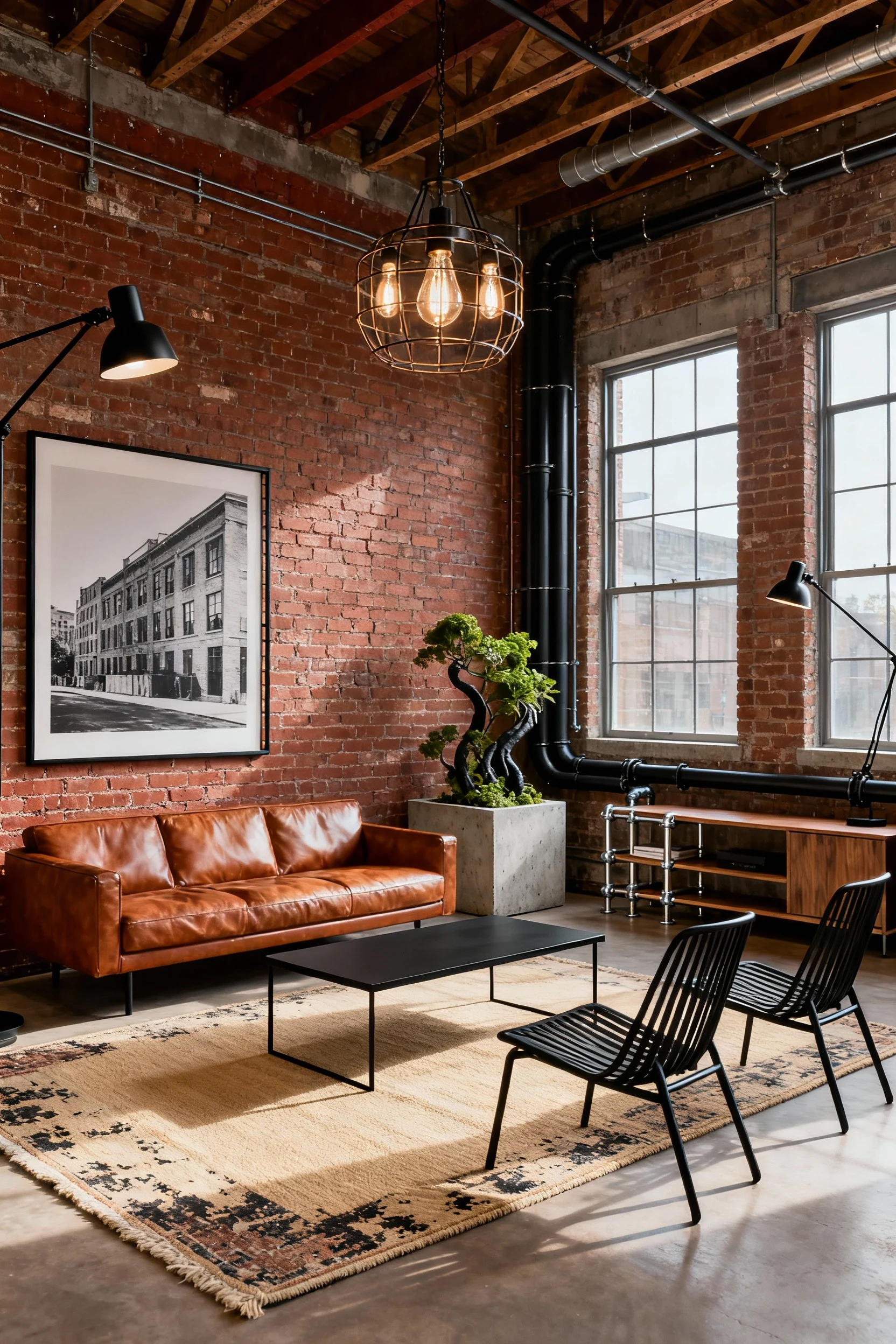 1. Wide corner-angle shot of a sun-washed industrial living room: exposed brick feature wall, steel-framed windows with 