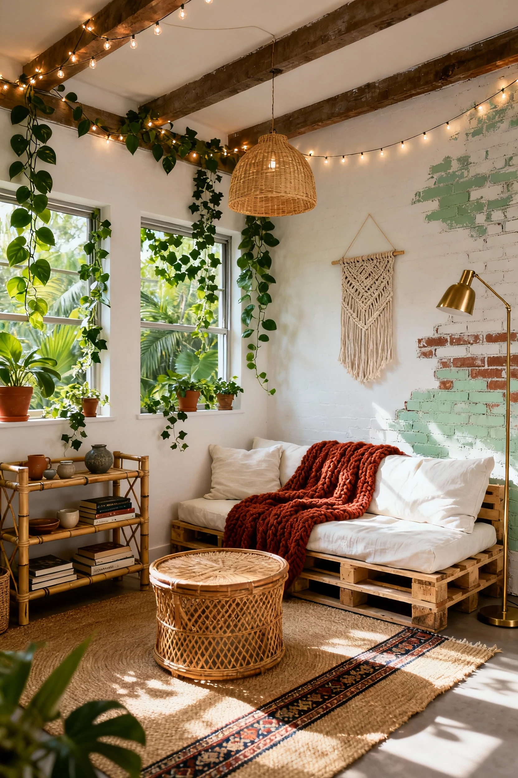 Wide corner shot of a sun-drenched jungle lounge: white walls with a limewashed brick accent, windows framed by trailing