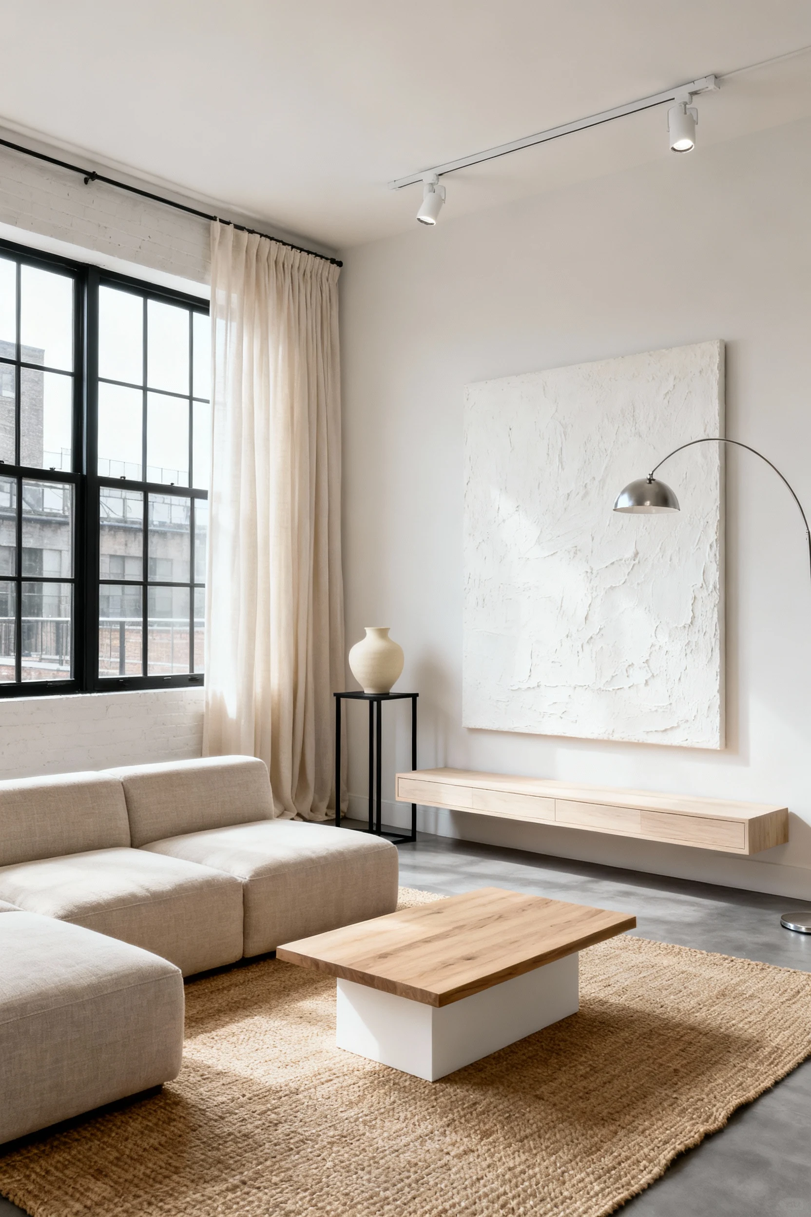 Photorealistic wide corner-angle shot of a Scandinavian sandstone living loft: oatmeal linen modular sofa on a woven sis