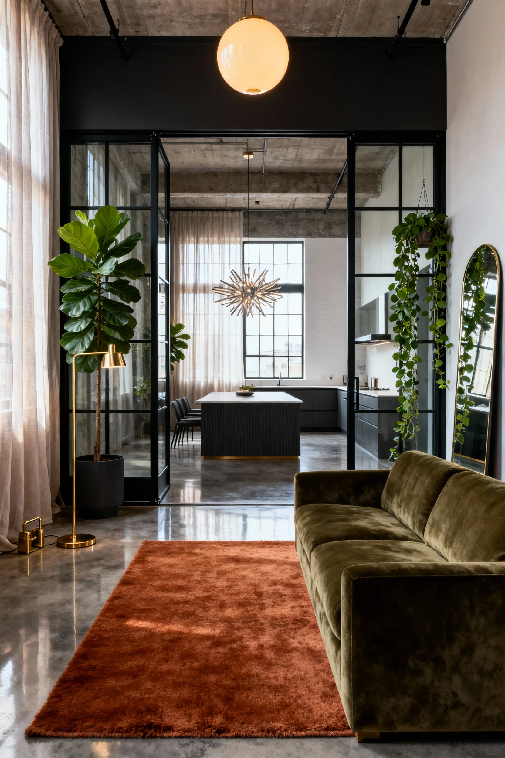 Photorealistic wide room shot, straight-on, of a loft living area and a bedroom enclosed in black steel-framed glass wit