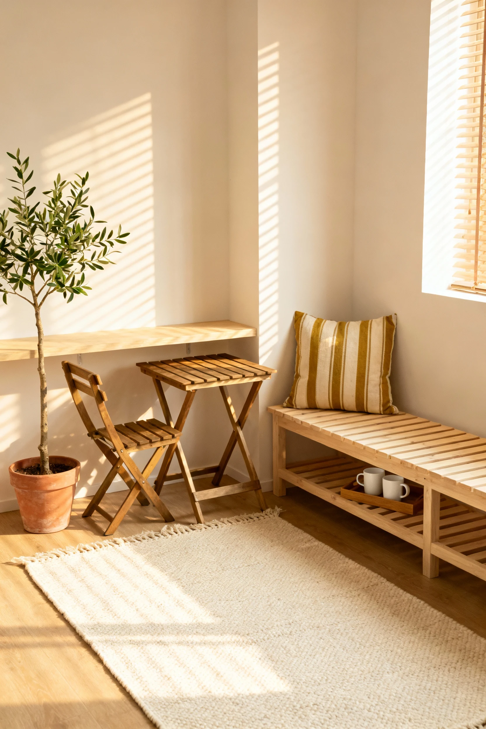 1. Wide corner-angle shot of a small apartment patio styled as a Scandi sunrise breakfast nook: blond wood bistro set tu
