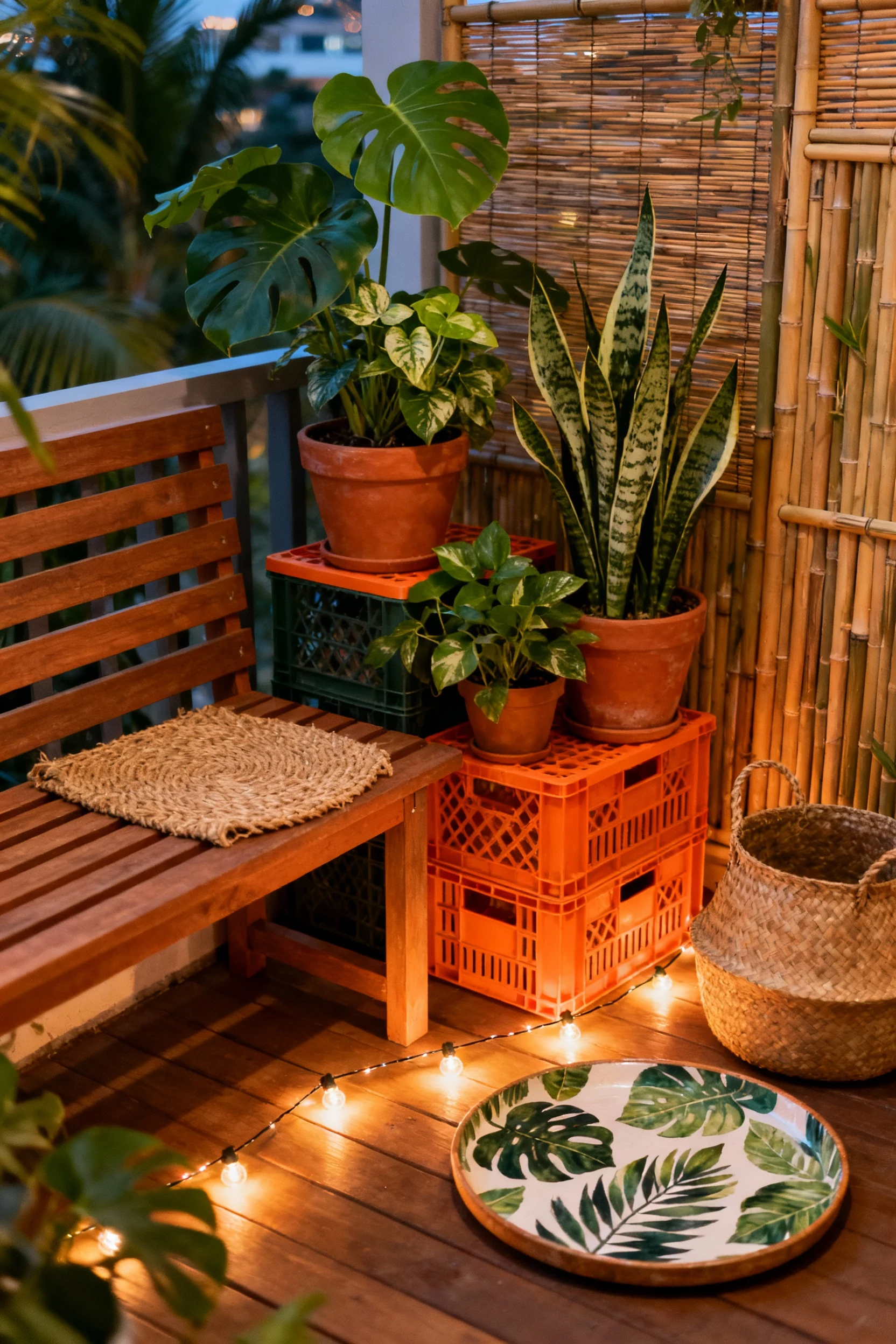 Photorealistic medium corner-angle view of an apartment balcony urban jungle nook: slatted bench, terra-cotta pots with 