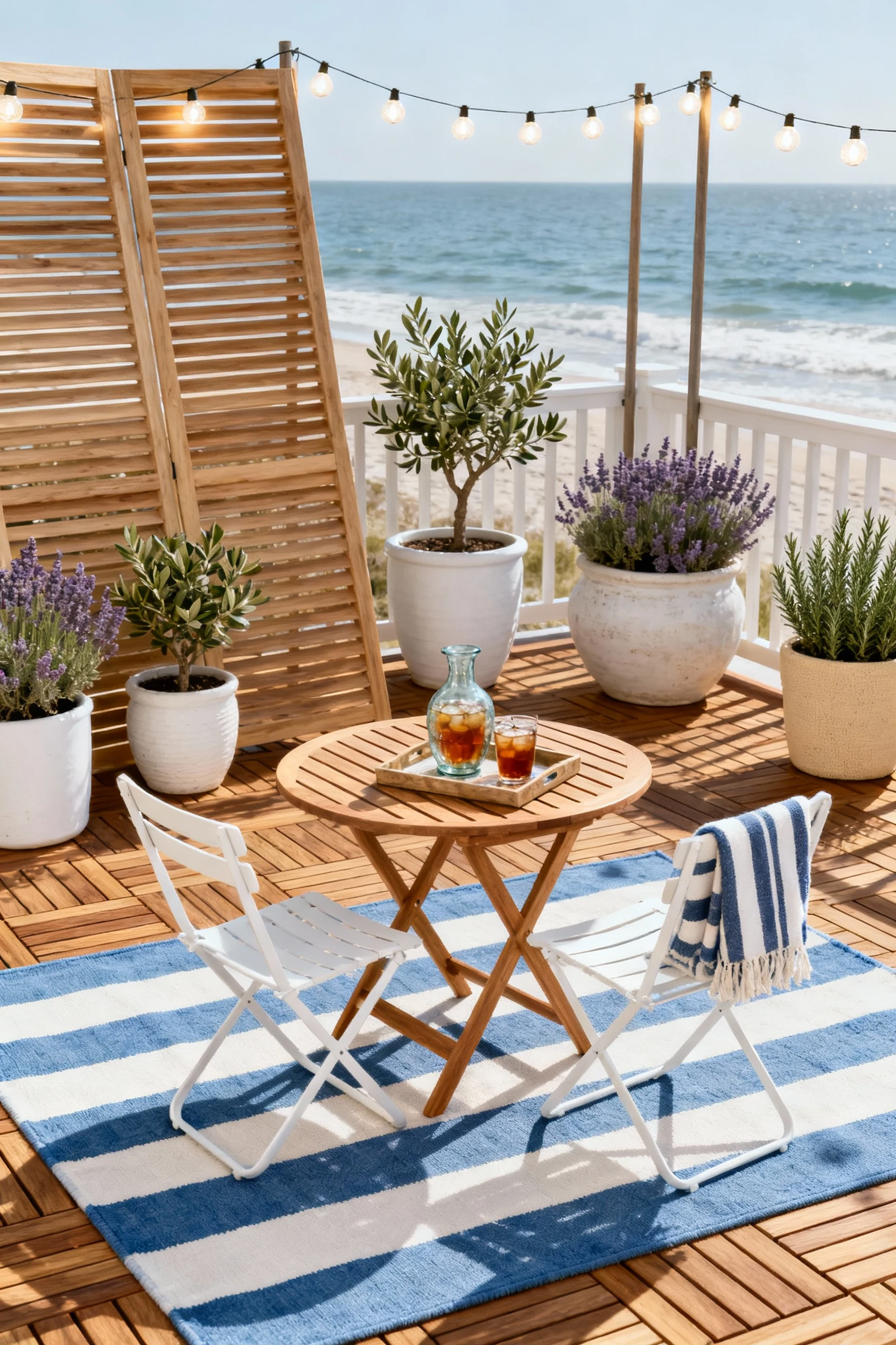 Photorealistic wide corner shot of a sunwashed coastal patio: interlocking acacia deck tiles, blue-and-white cabana-stri