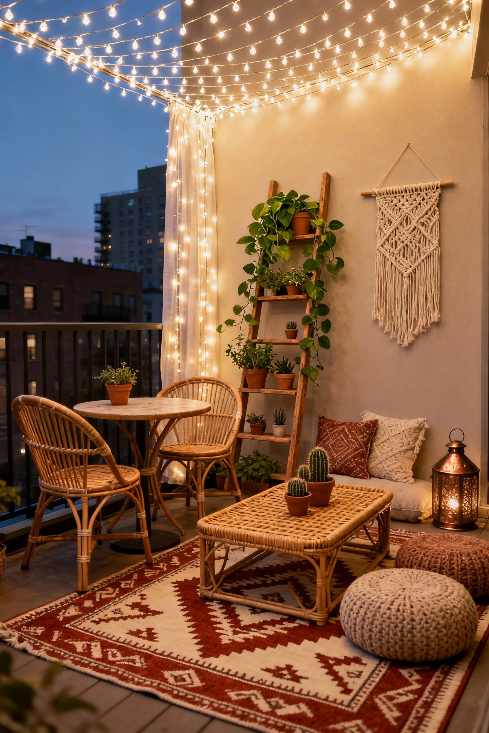 Medium corner-angle shot of an urban boho apartment patio: rounded rattan bistro set on a flatwoven Moroccan geometric o