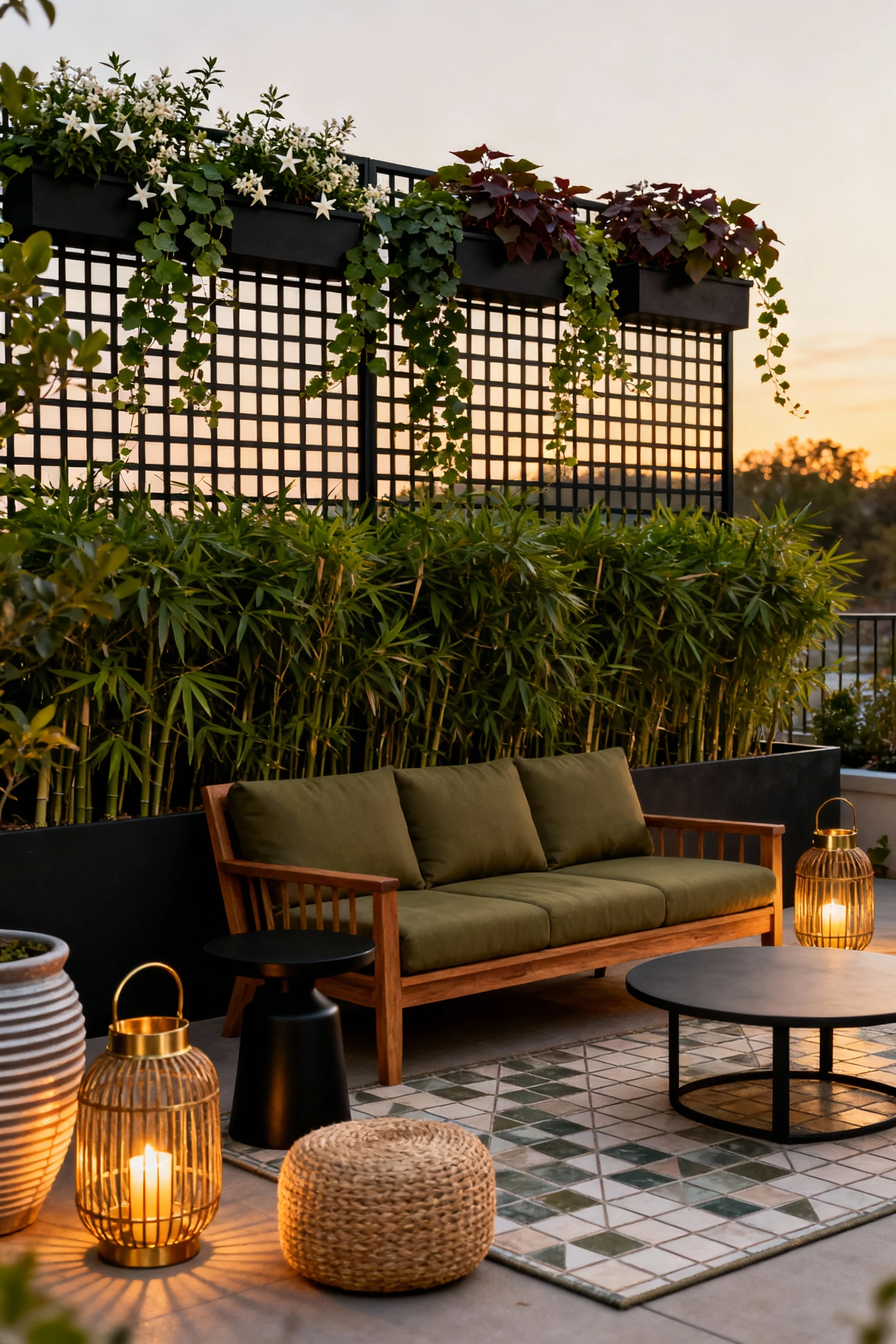 Photorealistic wide corner-angle shot of a lush urban jungle patio: a matte black metal grid trellis with box planters o