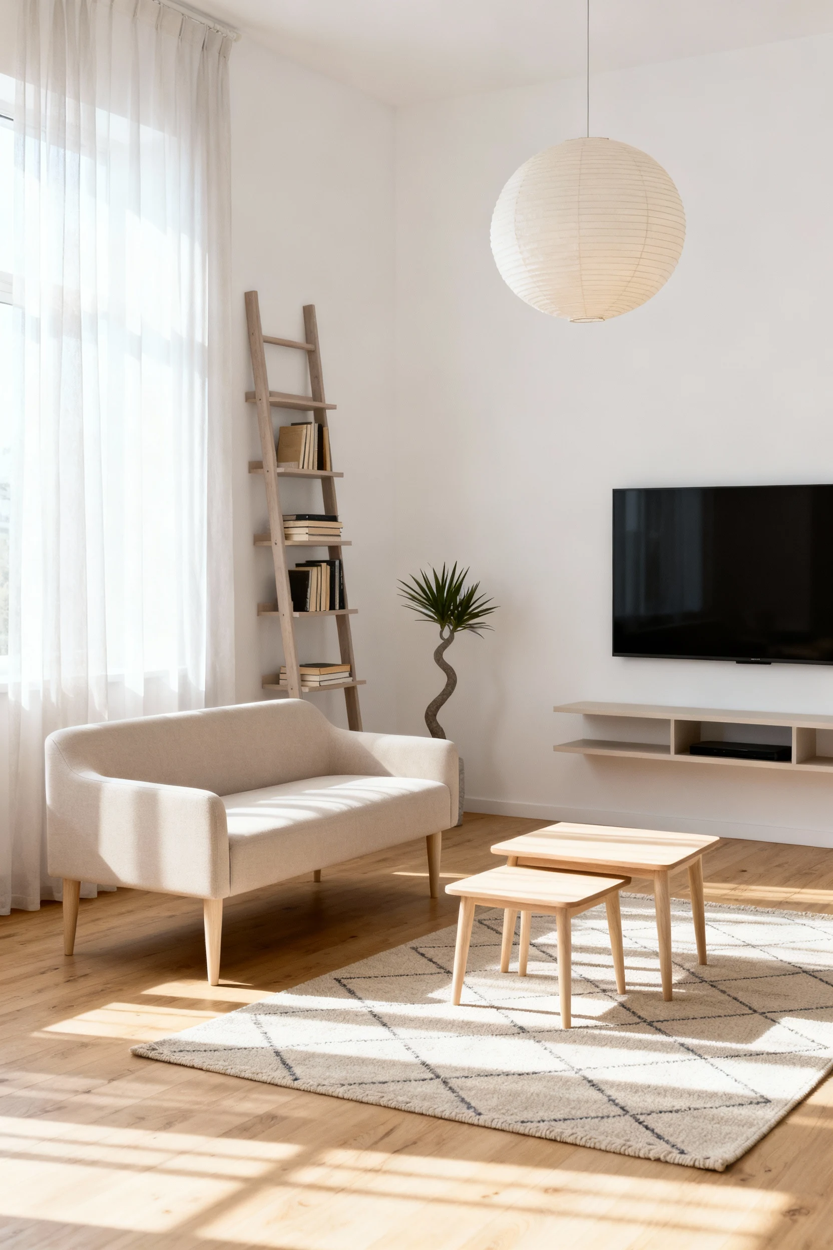 Photorealistic wide corner shot of an airy Scandinavian small living room with warm white walls and light oak floors, a 