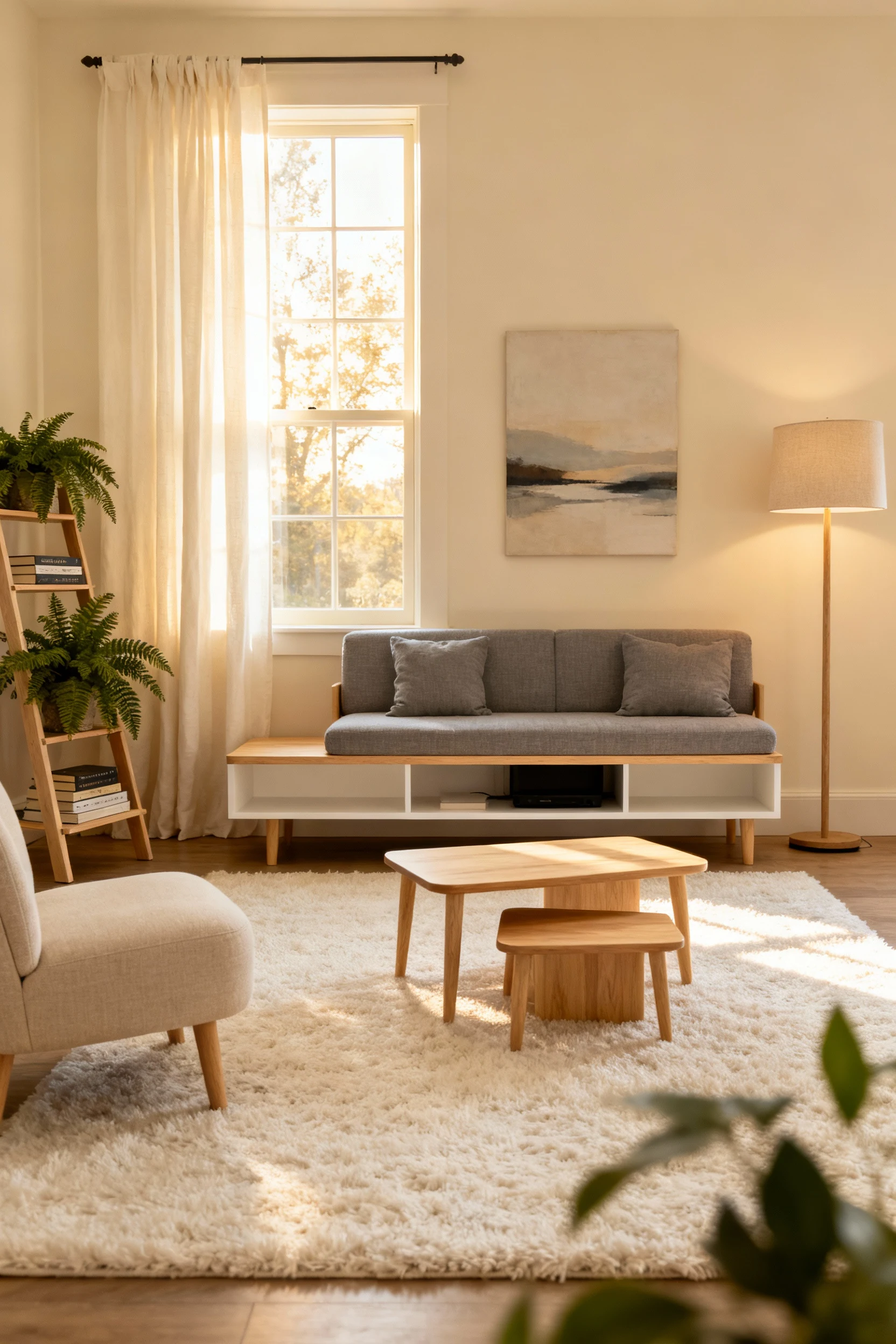 Photorealistic wide, straight-on shot of a sunny Scandinavian small living room: pale walls, warm white rug, compact blo