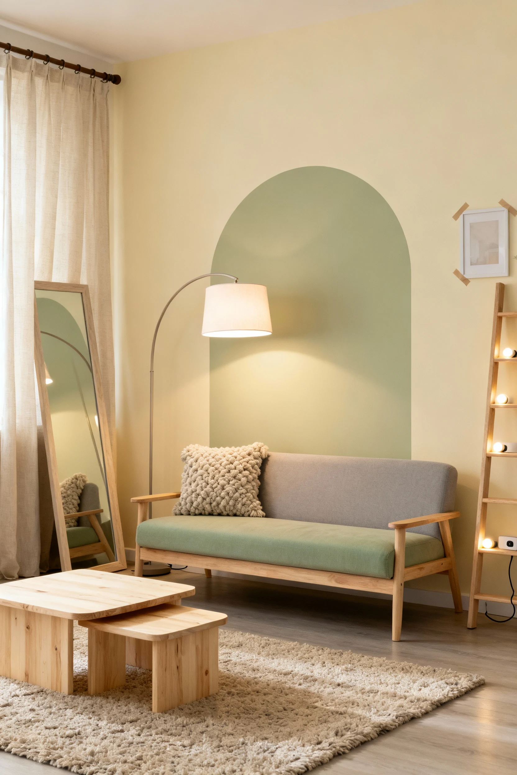 Photorealistic wide corner-angle shot of an airy Nordic nook: buttercream walls with a peel-and-stick arch behind a slim