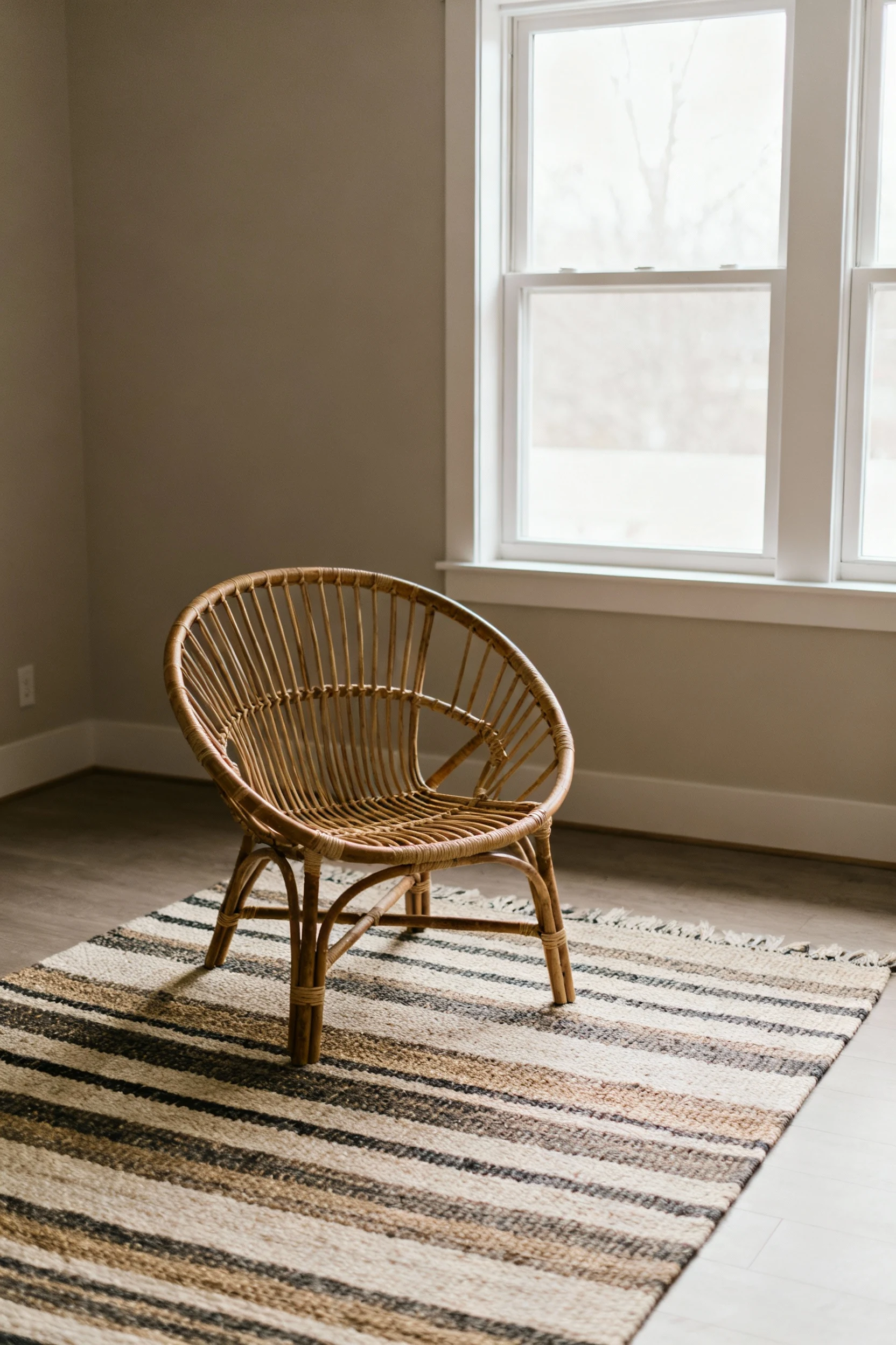 Photorealistic wide corner-angle shot of a small living room in a taupe palette, featuring a rattan chair on a striped r