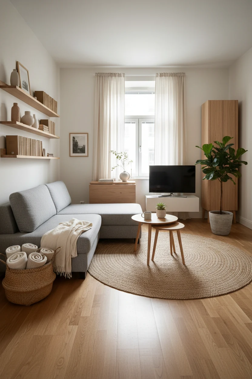 Wide, sunlit corner shot of an airy Scandinavian small living room: warm oak floors, off-white walls, a misty gray compa