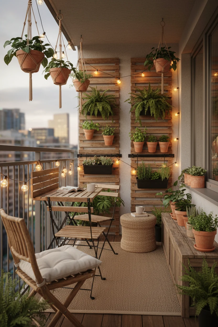 1. Medium corner-angle shot of an Urban Jungle Balcony Retreat at dusk: rail-hugging fold-down wall table on the long si