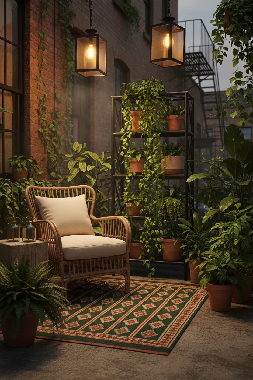 Photorealistic medium corner-angle shot of an urban jungle nook: emerald-and-terracotta palette, a rattan armchair besid