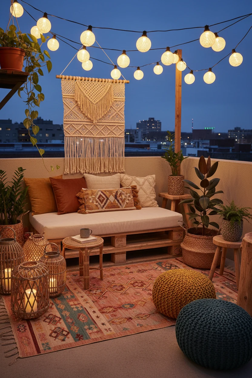 1. Photorealistic wide shot, corner-angle of a tiny urban boho apartment patio at dusk: low pallet daybed with firm cush