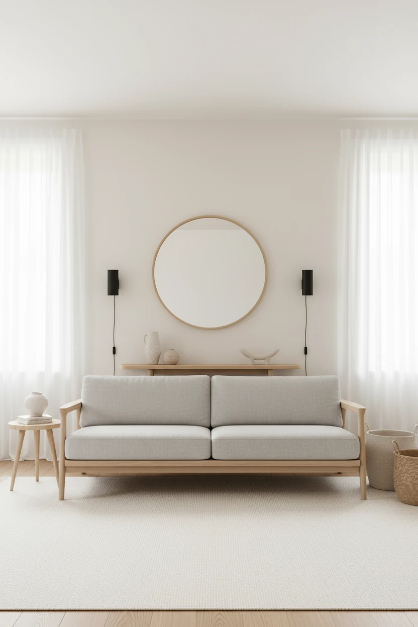 Photorealistic wide, straight-on shot of an airy Scandi living room in soft whites, no people: warm white walls, cream f
