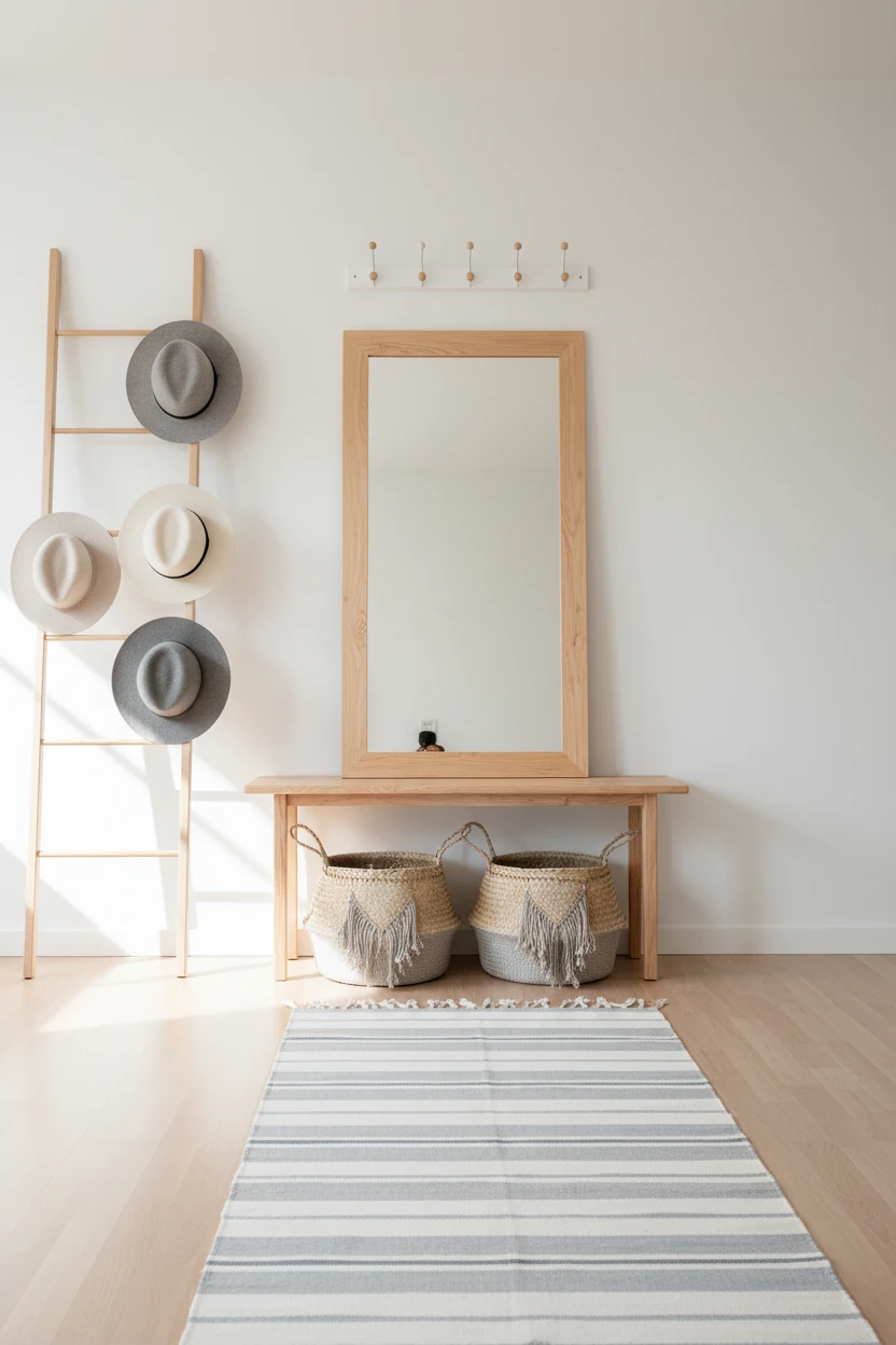 1. Wide straight-on entryway shot in a sunny Scandinavian style using birch wood, crisp white, and soft greige textiles;
