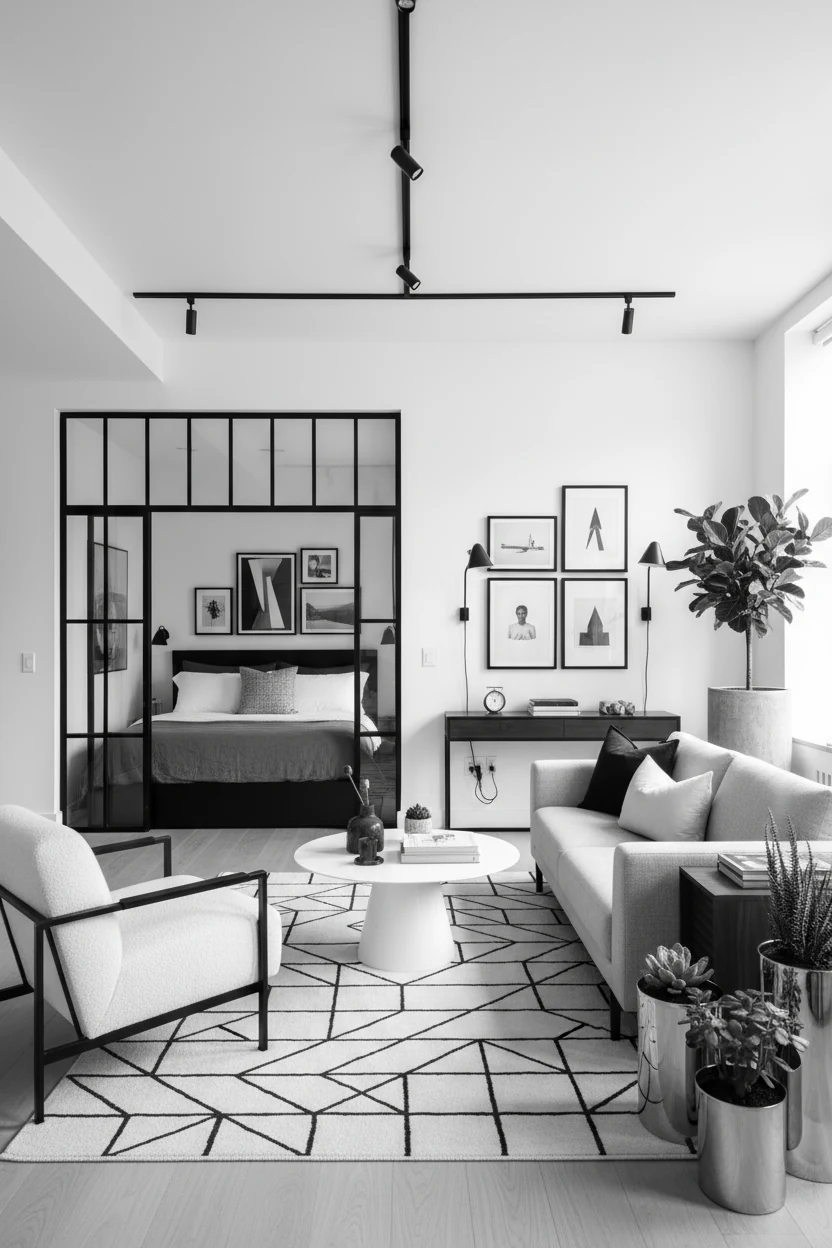 1. Wide, straight-on room shot of an urban micro-loft: Crittall-style black-framed glass panels create a bedroom nook wi