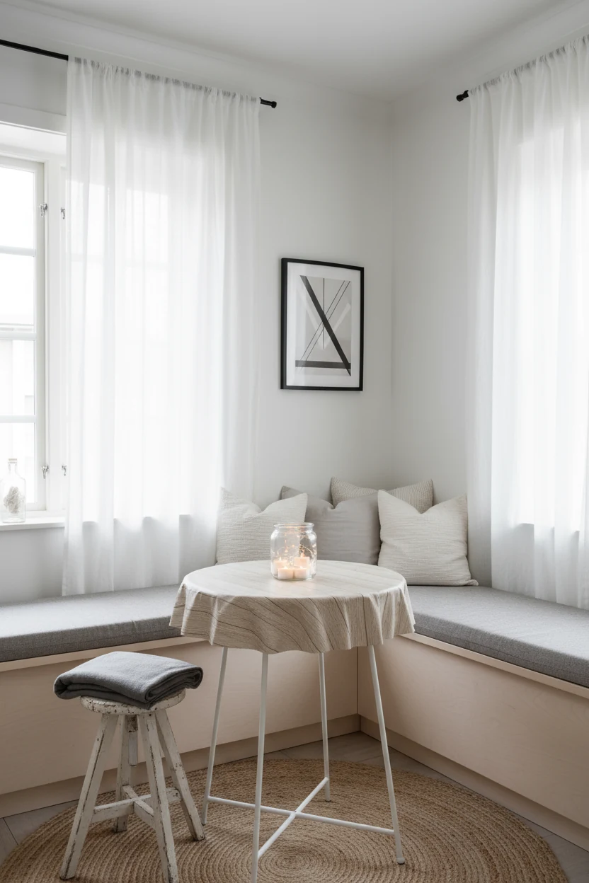 Photorealistic wide corner shot of a sun-washed Scandinavian window nook in crisp white, pale birch, and soft gray, with